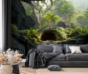 3D Jungle Cave Entrance Rocks Green Trees Grass Moss Wall Mural Wallpaper GD 3073- Jess Art Decoration