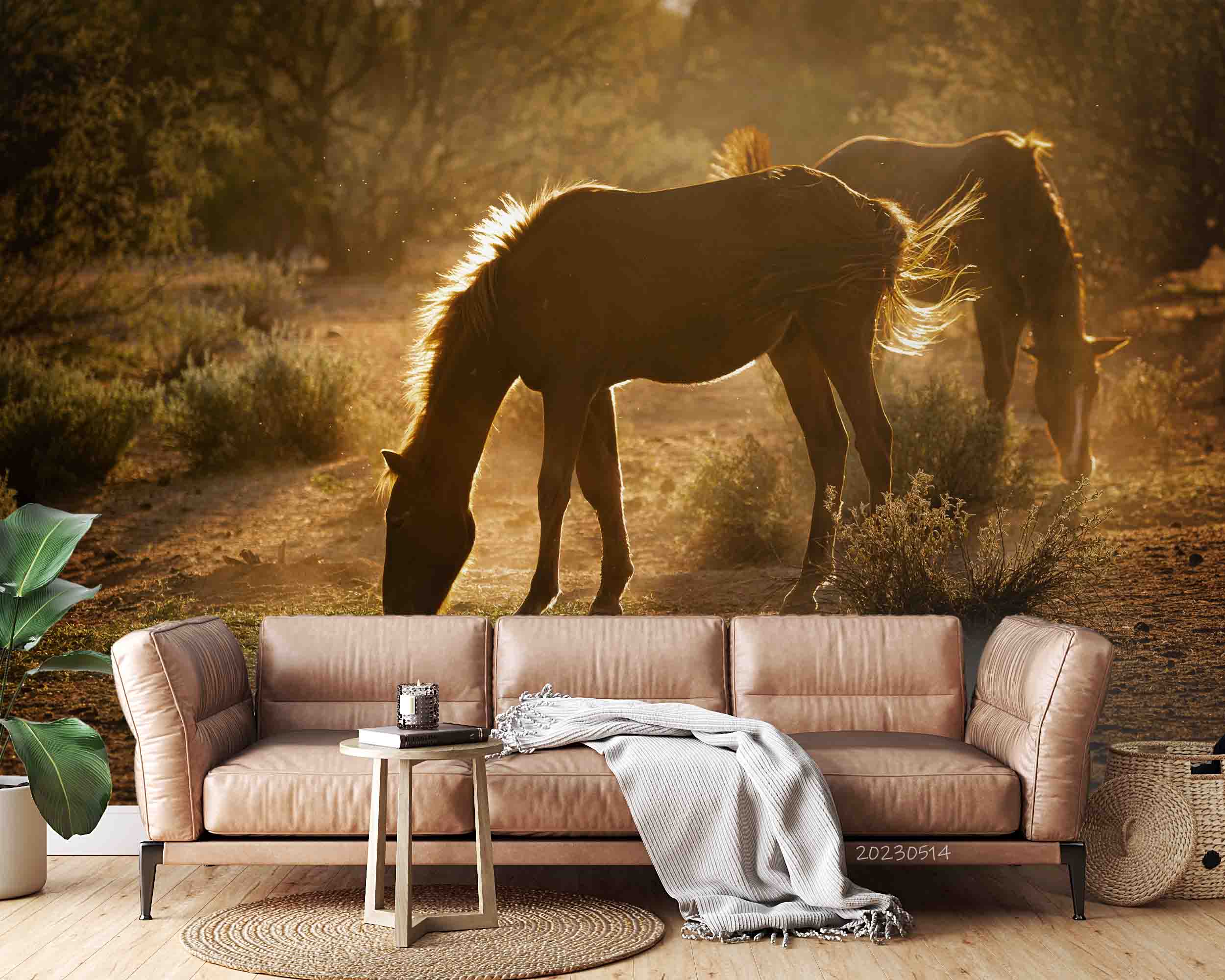 3D Morning Sun Meadow Mustang Arizona Wall Mural Wallpaper GD 5374- Jess Art Decoration