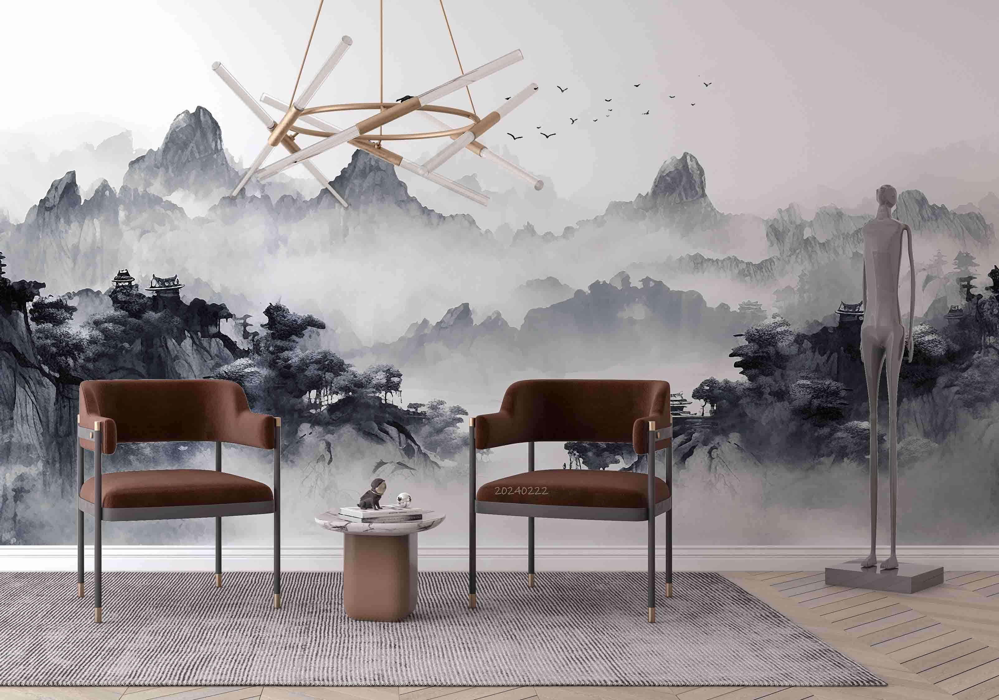 3D Watercolor Grey Mountains Forest Wallpaper Wall Mural Wall Decor Wall Art Wall Sticker Remoable Wallpaper LQH 8