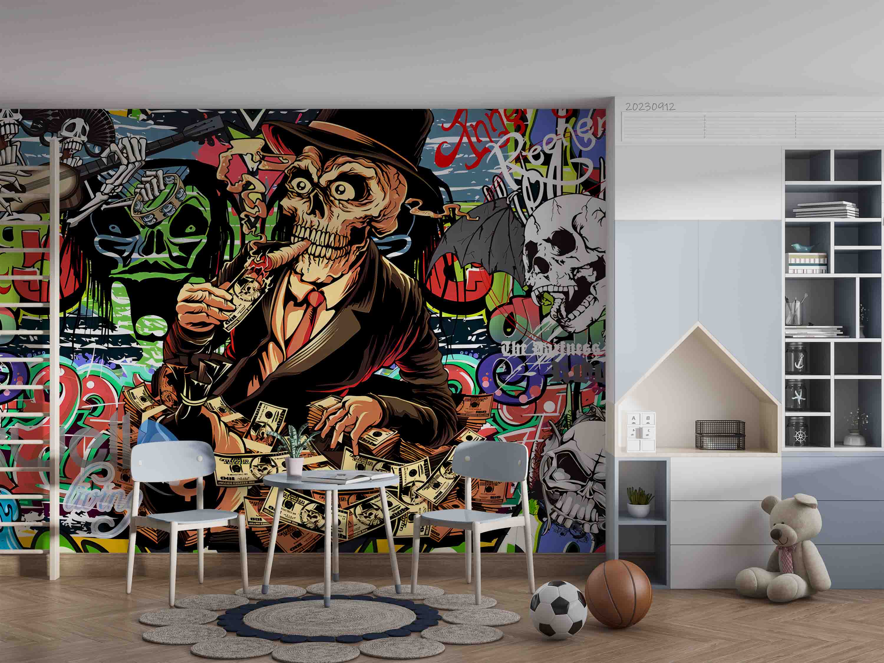 3D Graffiti Skull Skeleton Hands Guitar Wall Mural Wallpaper YXL 2652