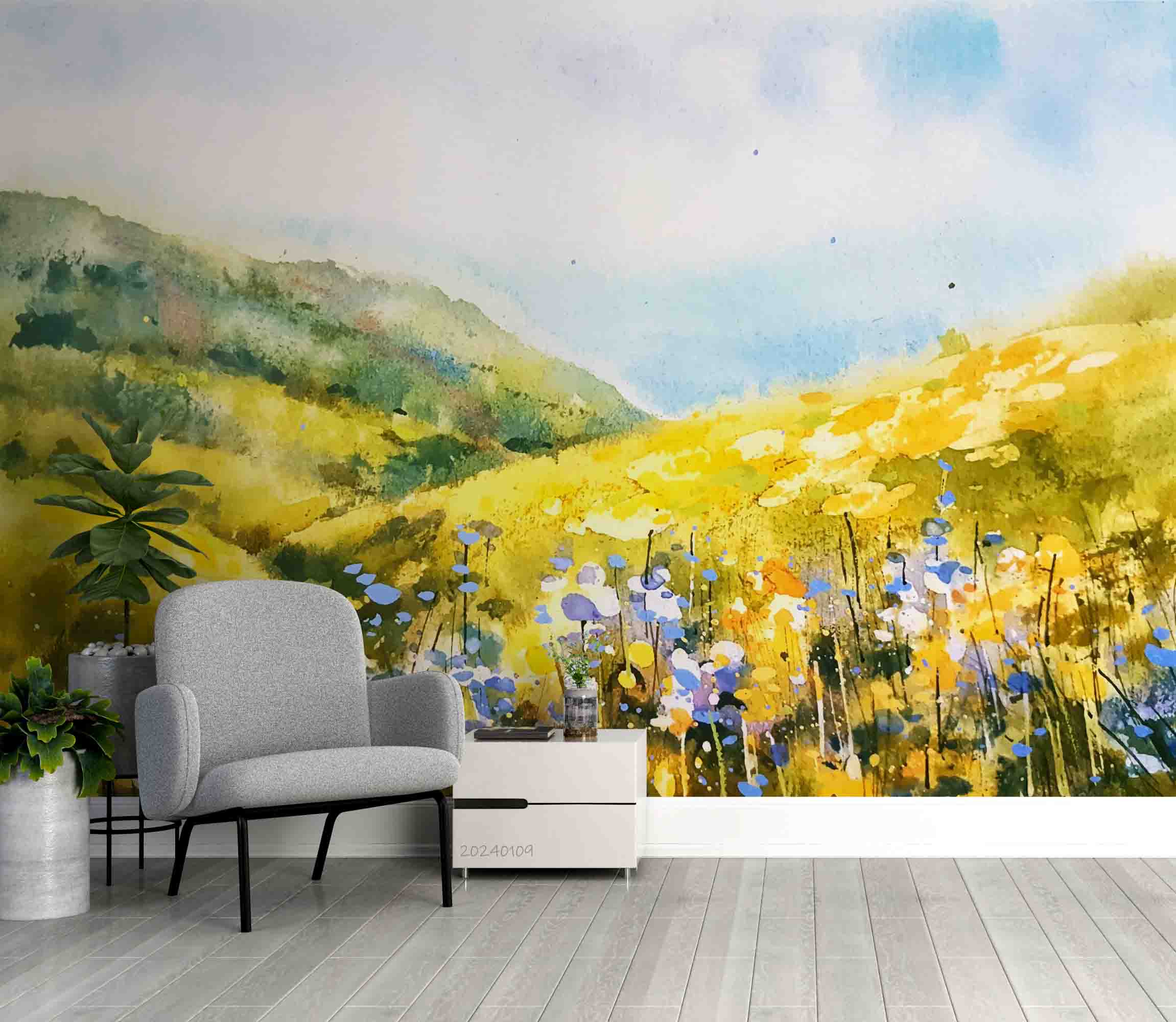 3D Oil Painting Mountain Grassland Floral Cloud Sky Wall Mural Wallpaper YXL 147