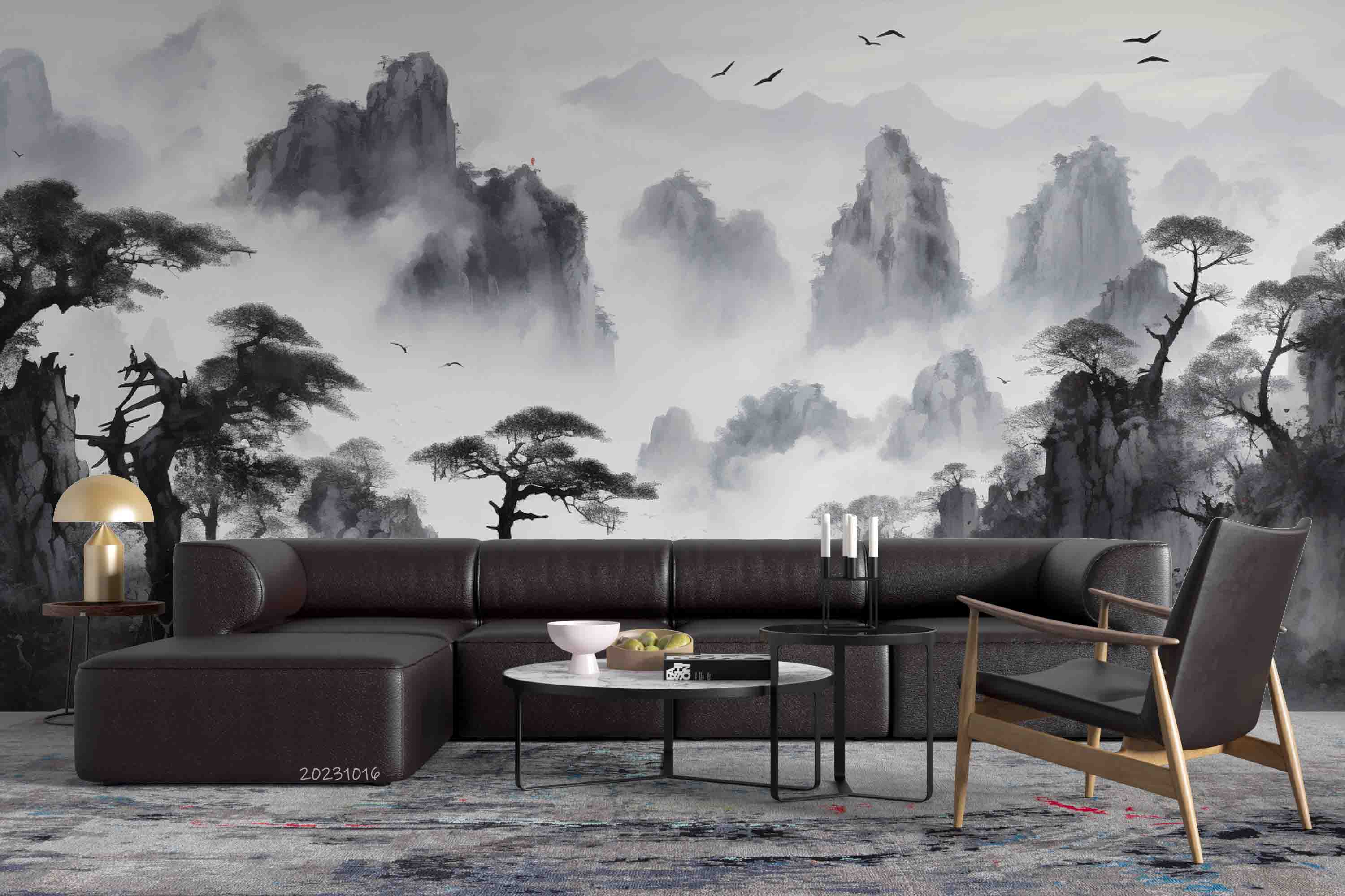 3D Mountain Tree Bird Fog Sky Wall Mural Wallpaper YXL 2937