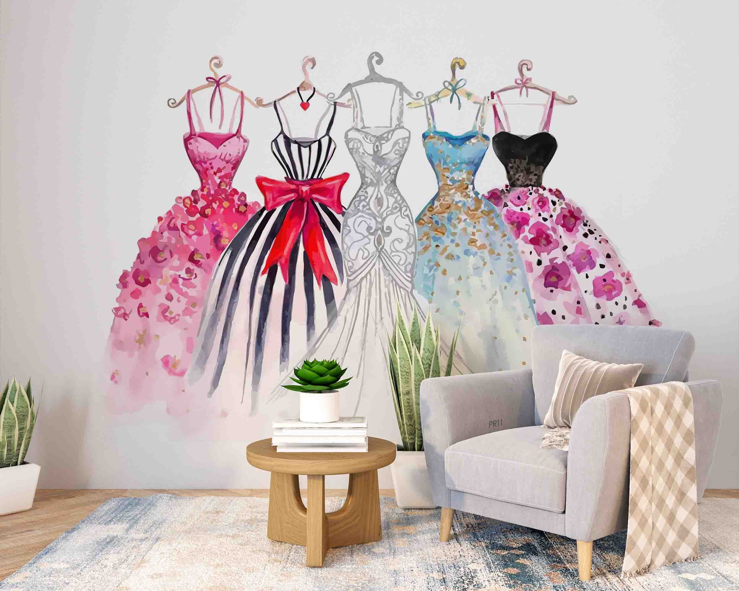 3D Watercolor Fashion Dress Illustration Wall Mural Wallpaper GD 4876- Jess Art Decoration