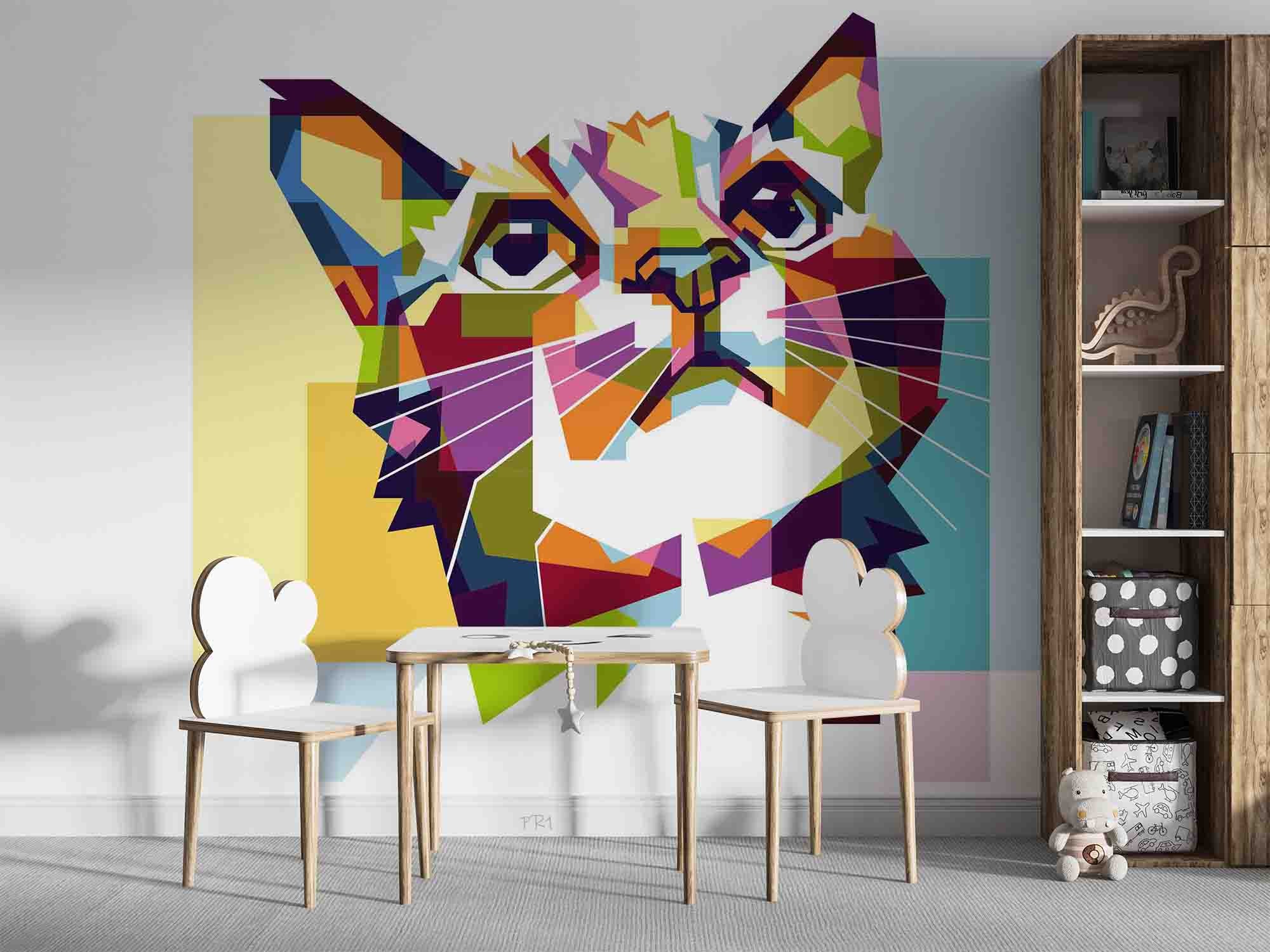 3D Colourful Geometric Cat colourful geometric cat portrait wall mural wallpaper for kids room - view 2
