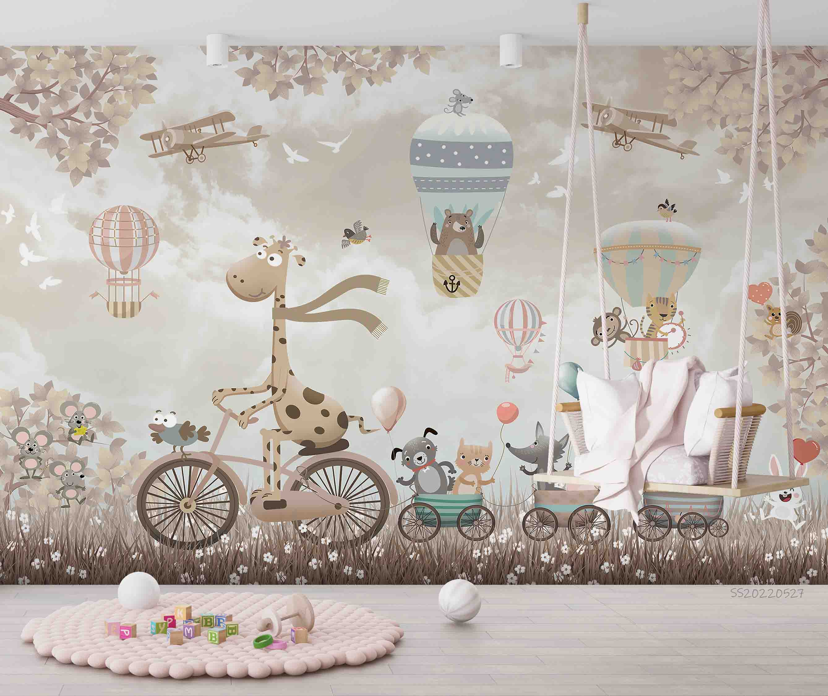 3D Cartoon Animal Hot Air Balloon Retro Airplane Bicycle Wall Mural Wallpaper GD 4155- Jess Art Decoration