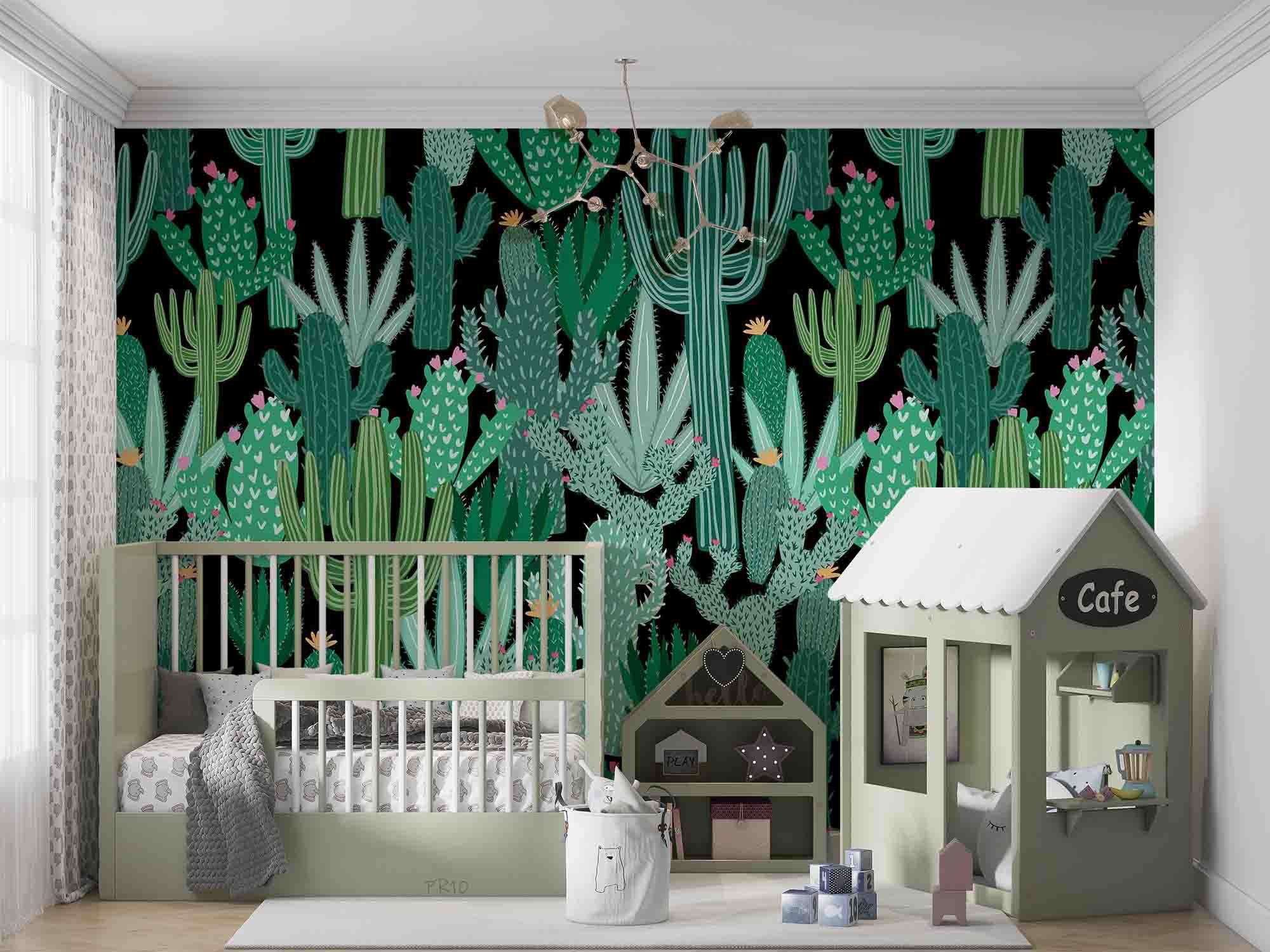 3D Watercolor Cactus Floral Black Background Wall Mural Wallpaper GD 4781- Jess Art Decoration
