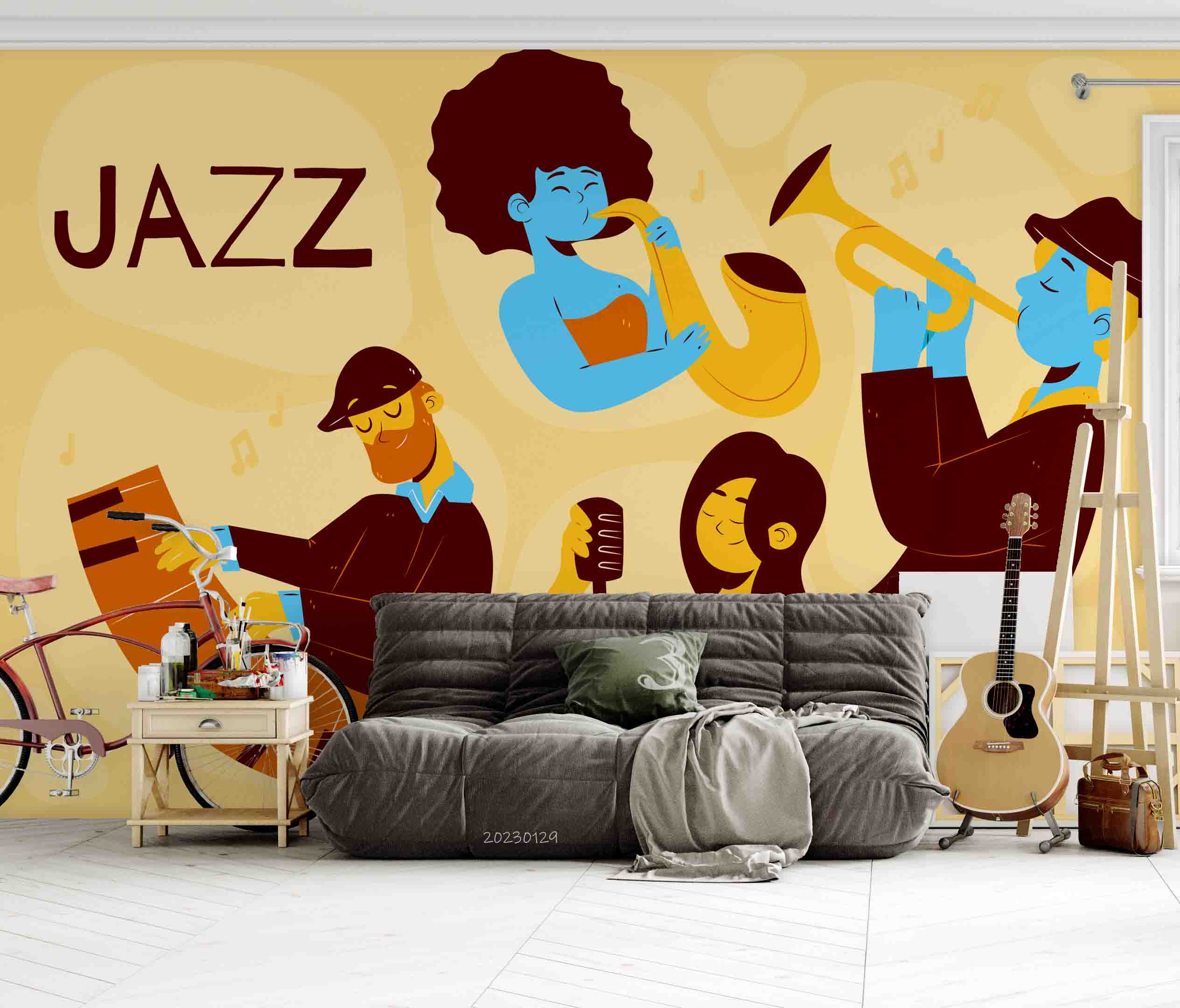 3D Rockstar Person Musical Instruments Piano Trumpet Mike Wall Mural Wallpaper YXL 06- Jess Art Decoration