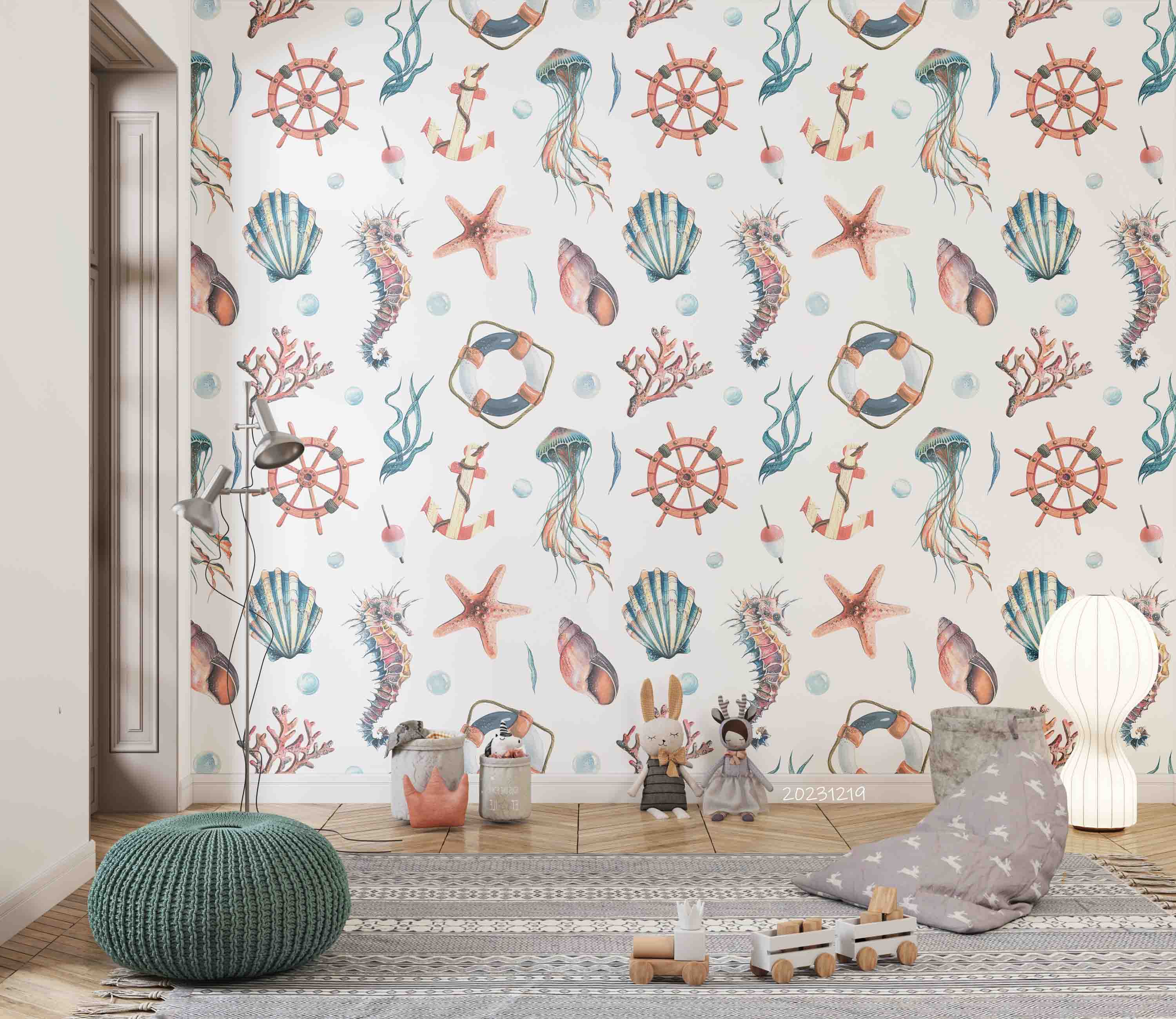 3D Animal Conch Sea Horse Duck Rudder Wave Point Octopus Wall Mural Wallpaper YXL 24