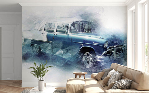 3D Vintage Blue Car Wall Mural Wallpaper GD 4806- Jess Art Decoration