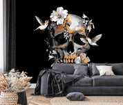 3D Human Skull Exotic Tropical Hibiscus Hummingbird Wall Mural Wallpaper GD 5632- Jess Art Decoration