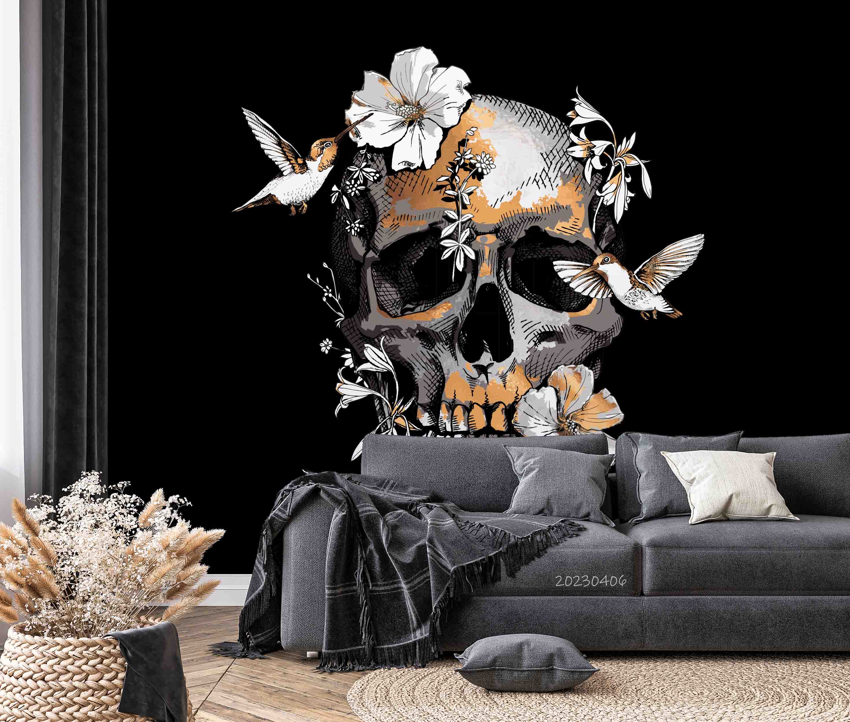 3D Human Skull Exotic Tropical Hibiscus Hummingbird Wall Mural Wallpaper GD 5632- Jess Art Decoration