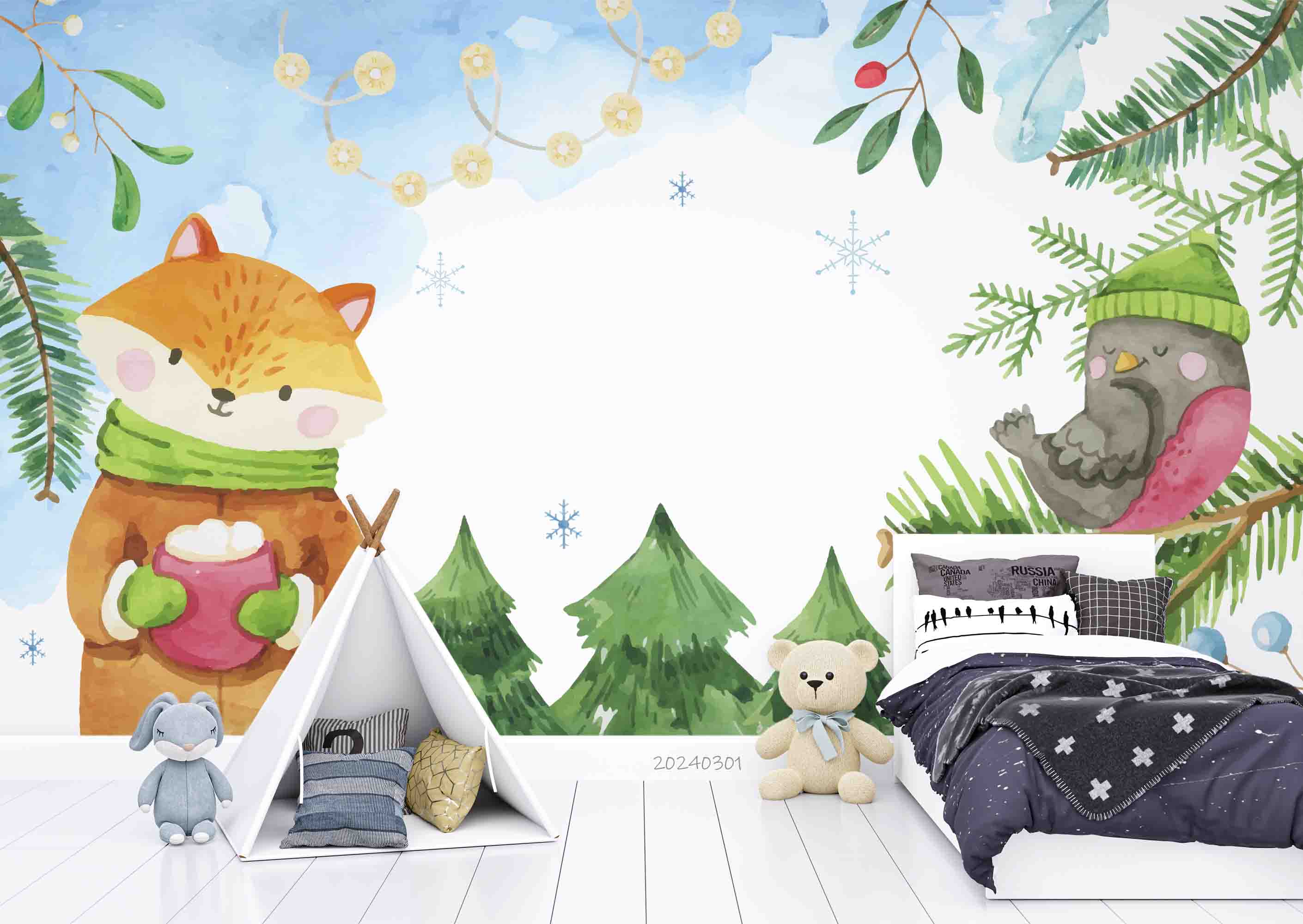 3D Cartoon Winter Forest Animal Fox Kids Wallpaper Wall Mural Wall Decor Wall Art Wall Sticker Remoable Wallpaper