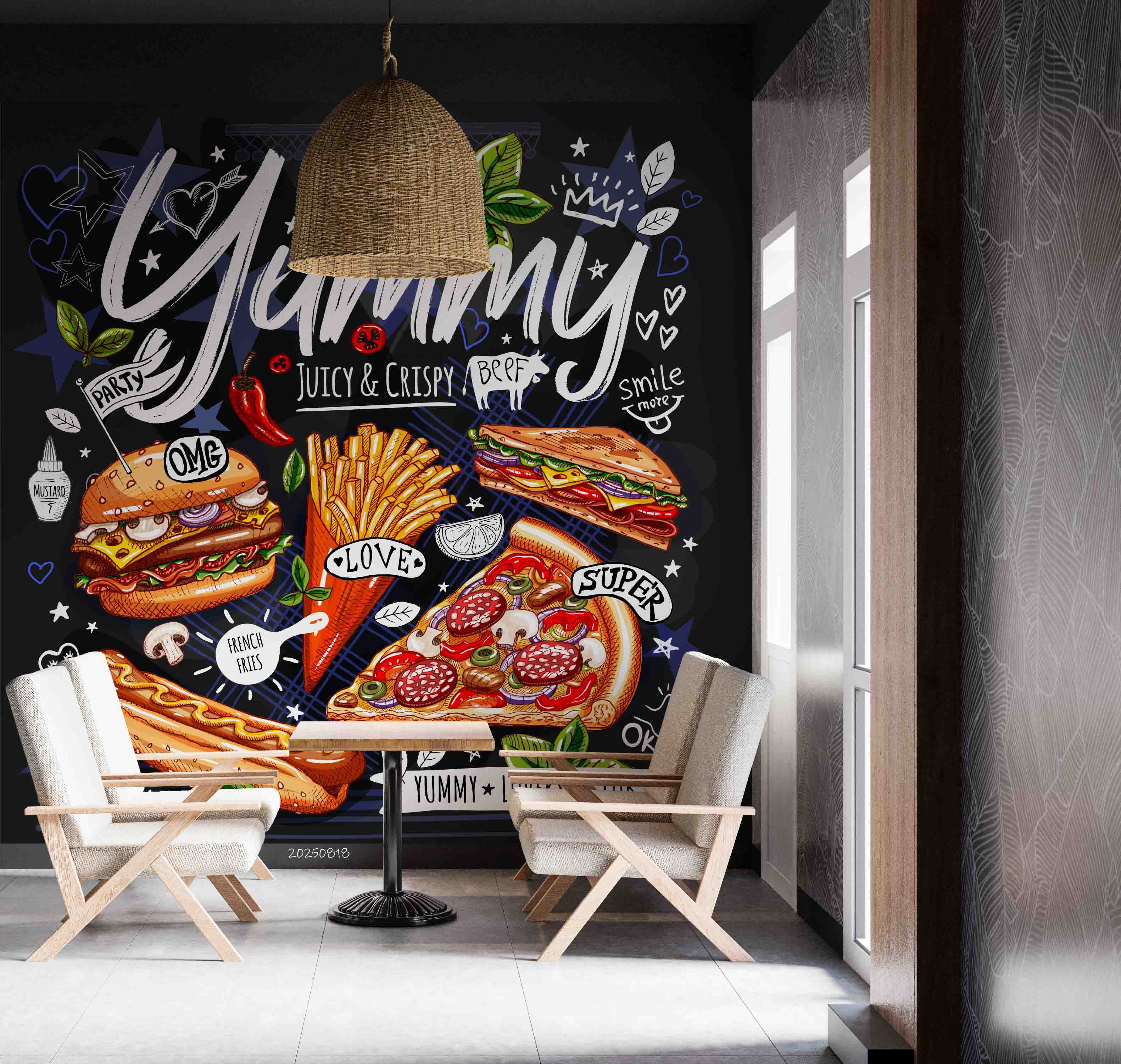 3D Restaurant Snack Bar Diner Fast Food Hamburger Chips Pizza Wall Mural Wallpaper 8