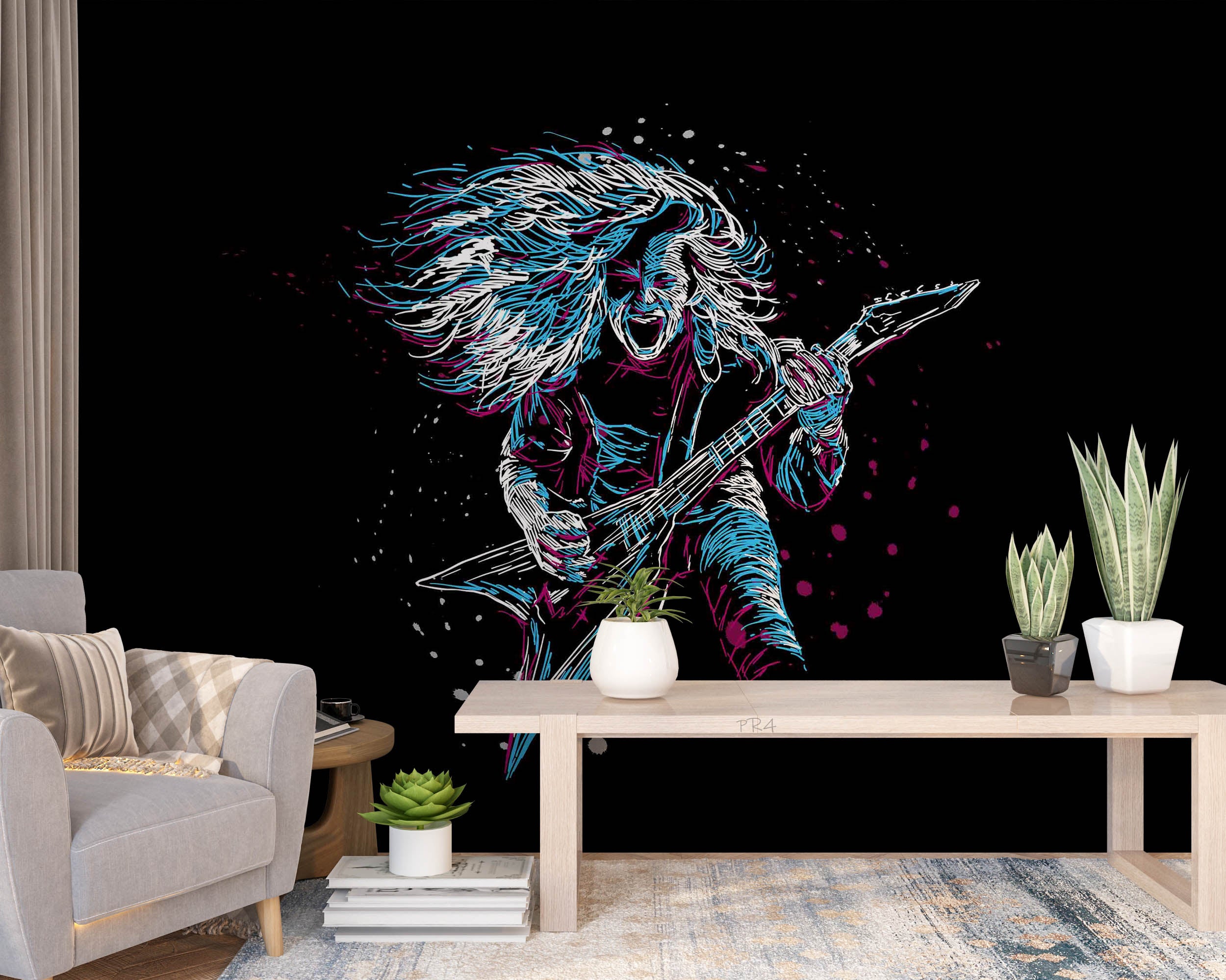3D Electric Guitar Rock Figure neon rock singer character wall mural wallpaper for teen room