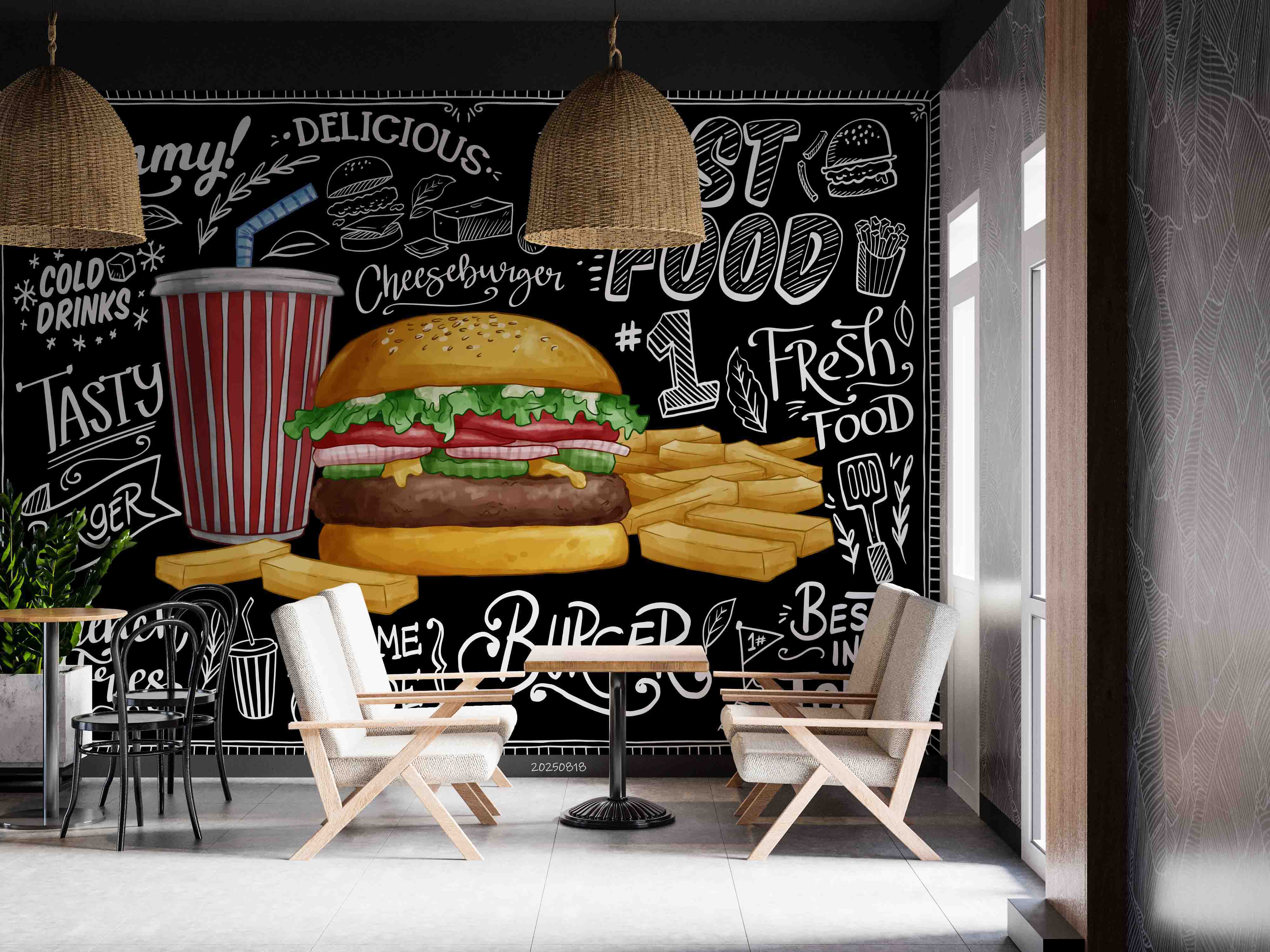 3D Restaurant Snack Bar Diner Fast Food Hamburger Chips Wall Mural Wallpaper 15