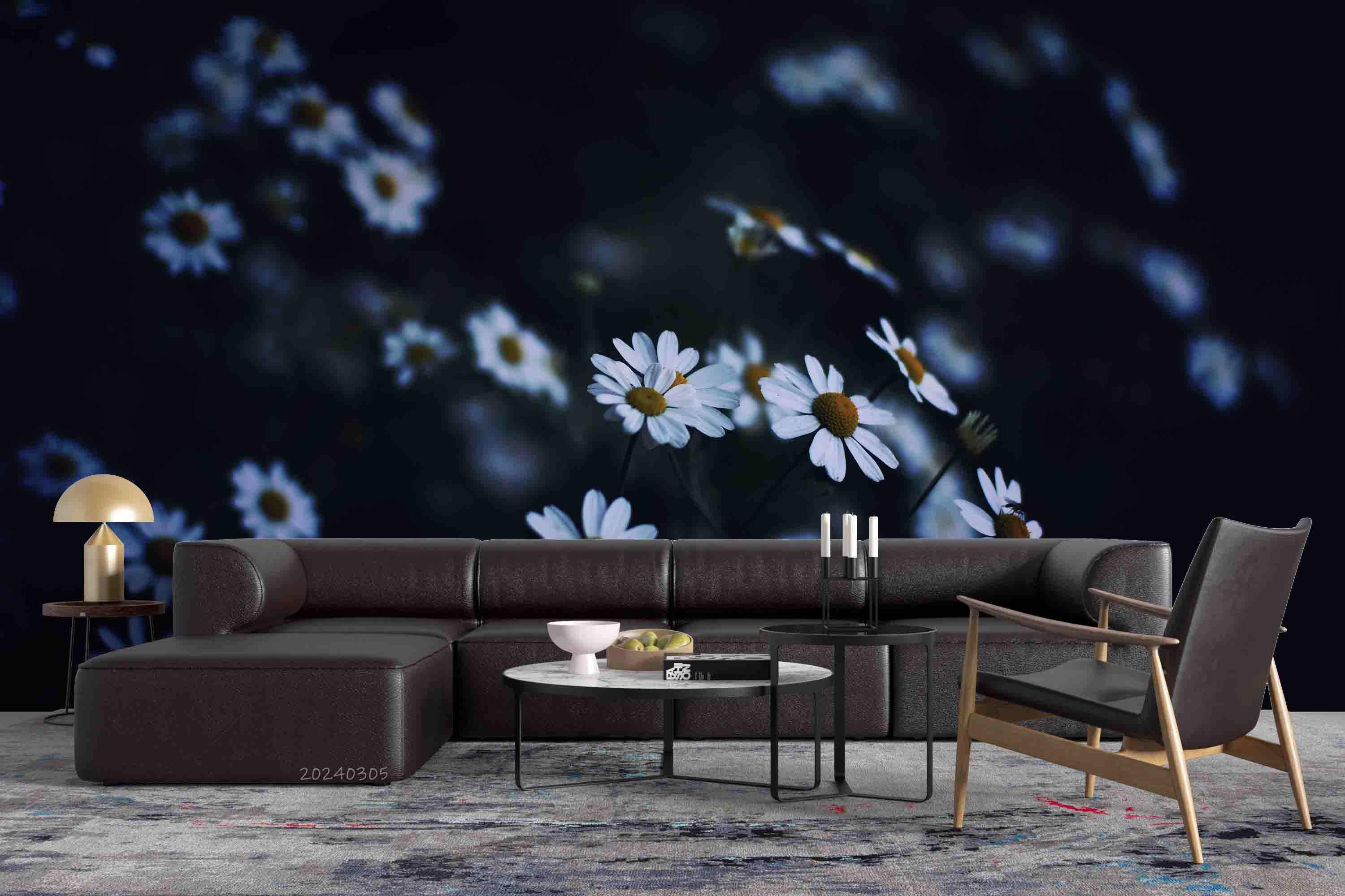 3D Blue Floral Bouquet Dark Background Wallpaper Wall Mural Wall Decor Wall Art Wall Sticker Remoable Wallpaper