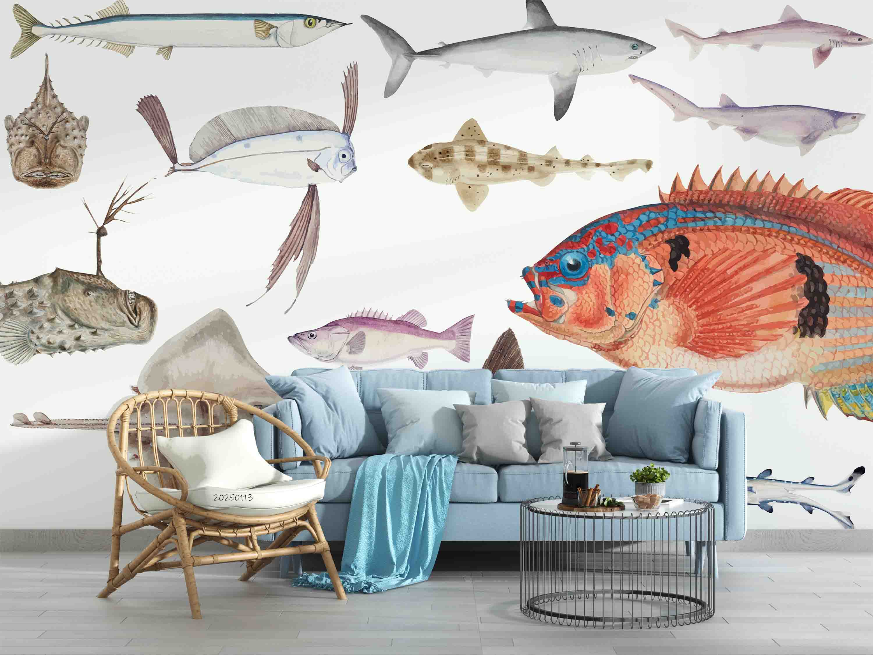 3D Hand Drawn Ocean Creature Fish Wallpaper Wall Mural Wall Decor Wall Art Wall Sticker Remoable Wallpaper LQH 10