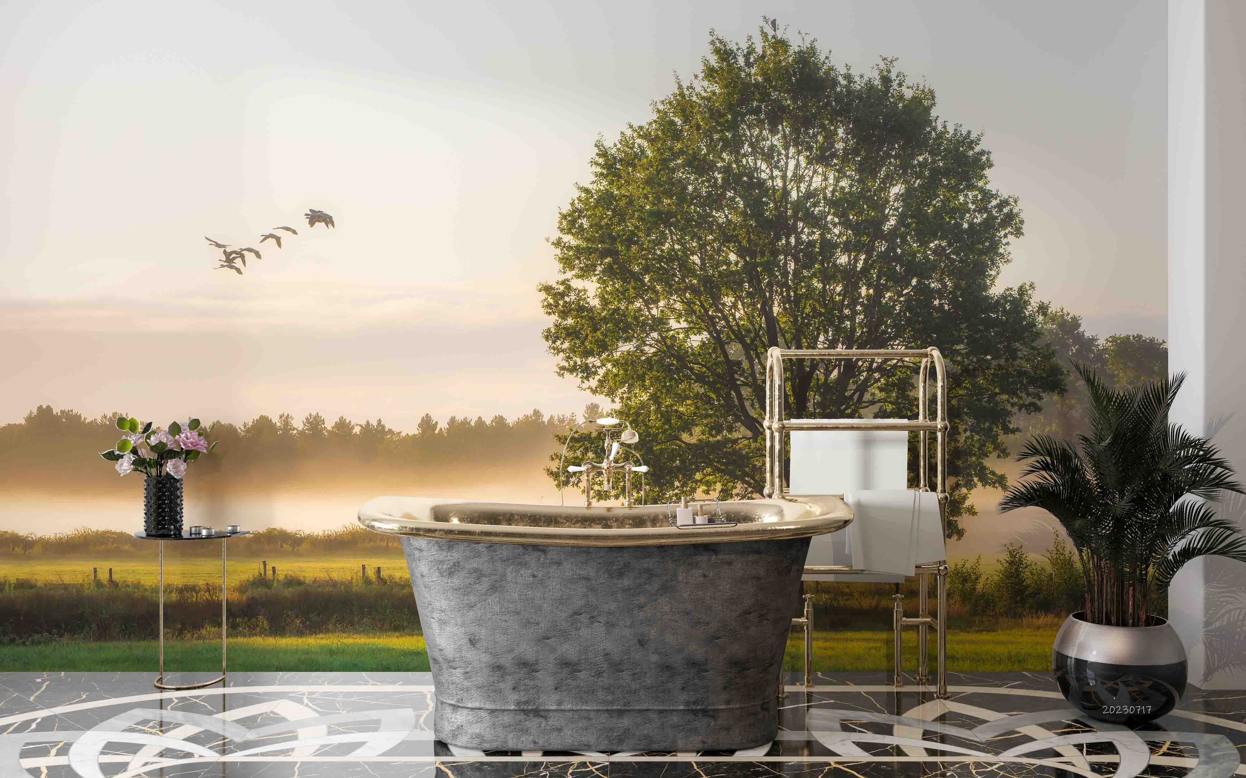 3D Wild Goose Fog Prairie Trees Autumn Landscape Wall Mural Wallpaper JN 382