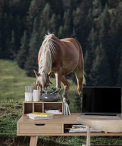 3D Brown Horse White Mane Grazing Mountain Pine Background Wall Mural Wallpaper GD 5359- Jess Art Decoration