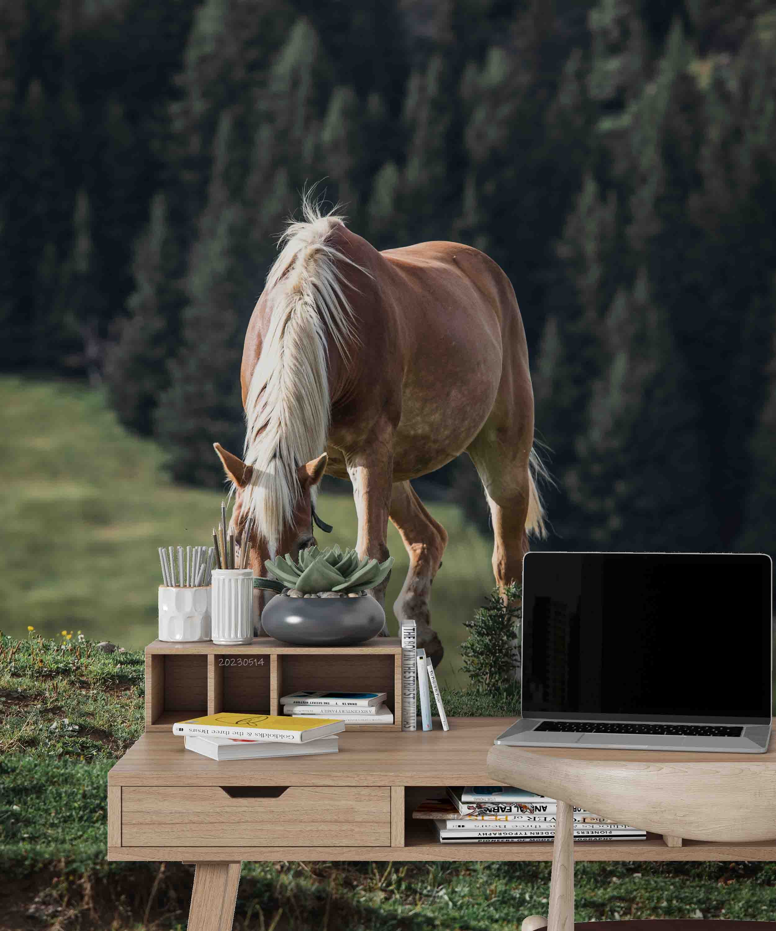 3D Brown Horse White Mane Grazing Mountain Pine Background Wall Mural Wallpaper GD 5359- Jess Art Decoration