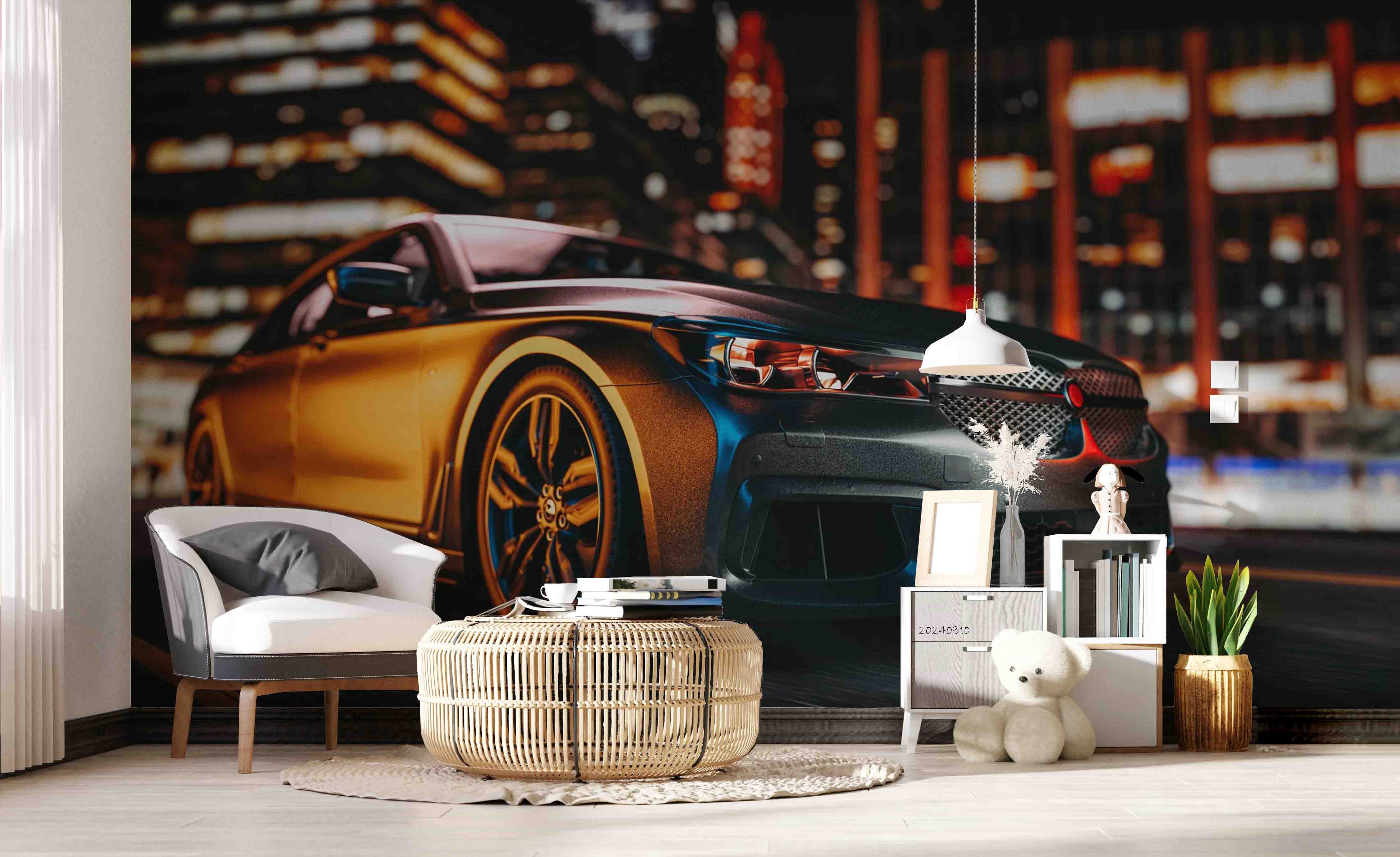 3D Brown Sports Car City Night Scene Wallpaper Wall Mural Wall Decor Wall Art Wall Sticker Remoable Wallpaper