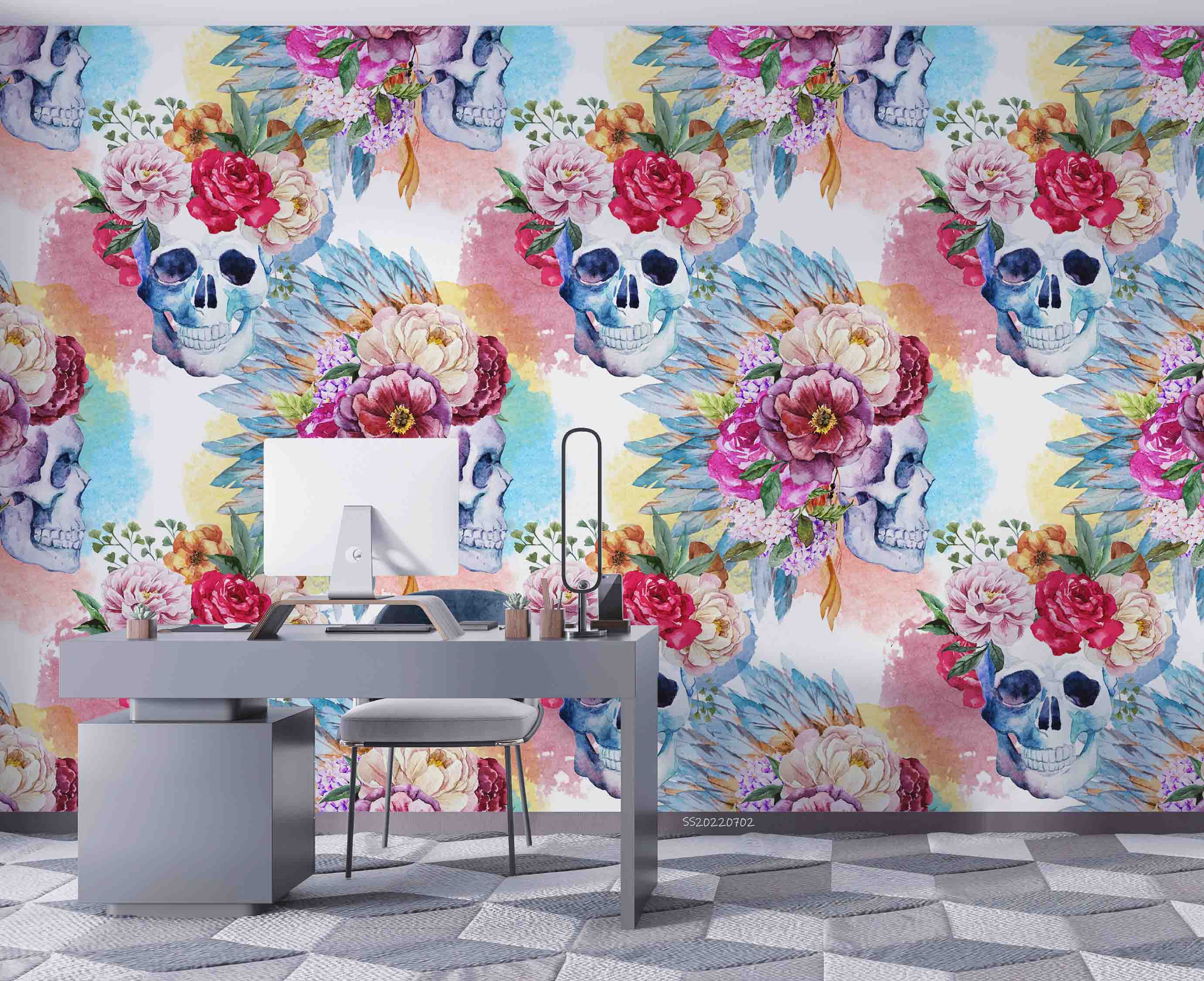 3D Watercolor Peony Skull Wreath Pattern Wall Mural Wallpaper GD 5193- Jess Art Decoration