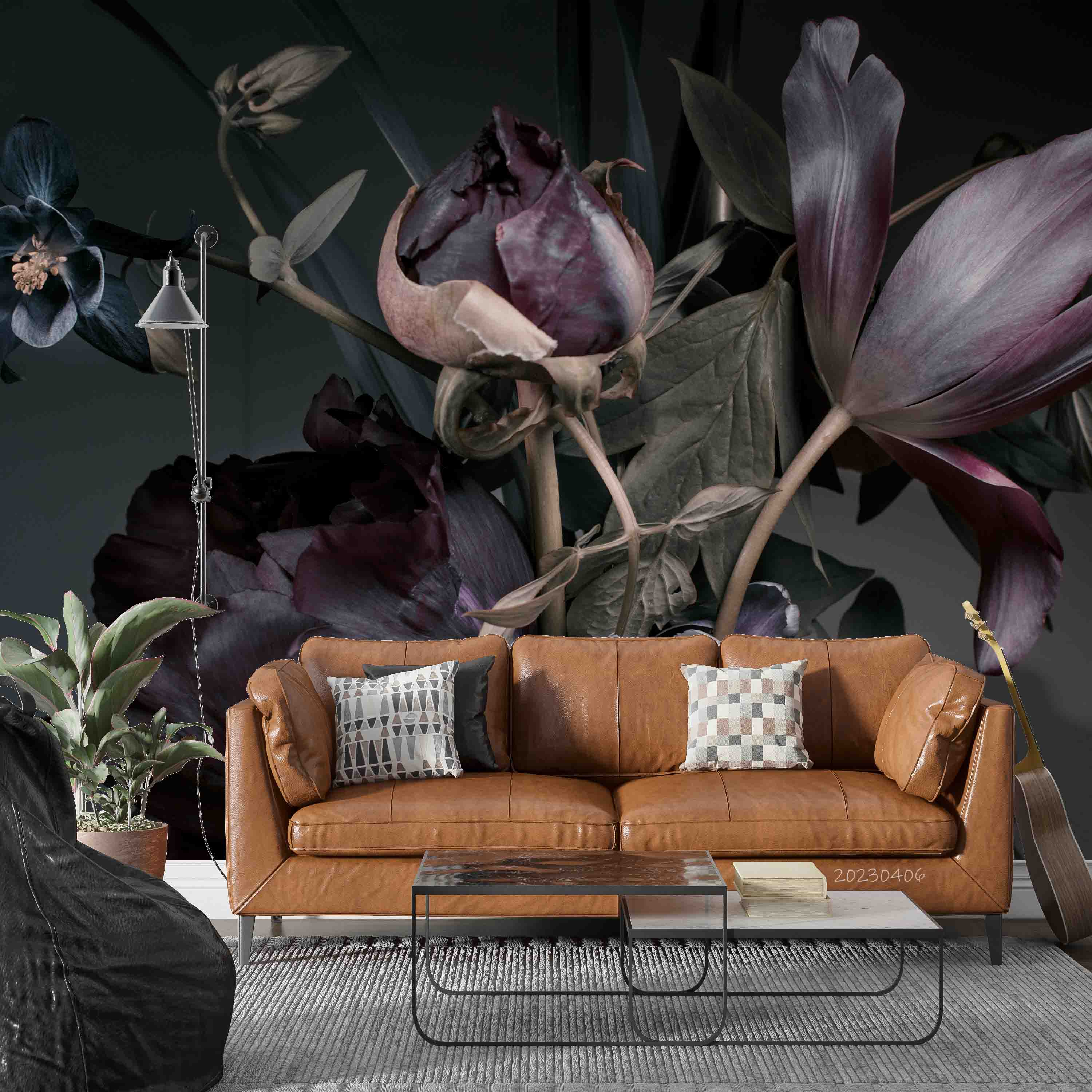 3D Peony Tulip Bouquet Dark Background Wall Mural Wallpaper GD 5626- Jess Art Decoration
