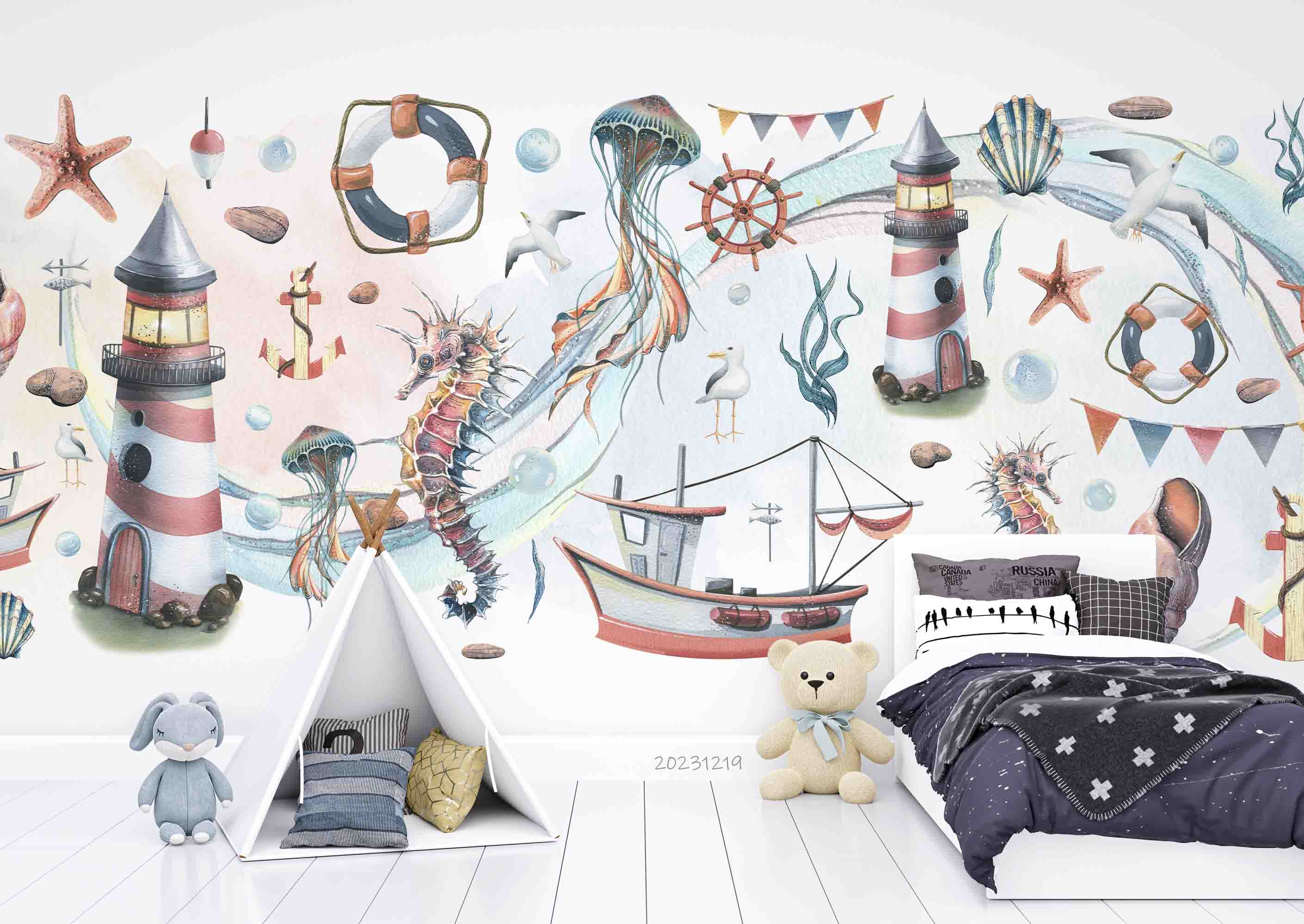 3D Animal Sea Horse Octopus Rudder Sailing Starfish Wall Mural Wallpaper YXL 39