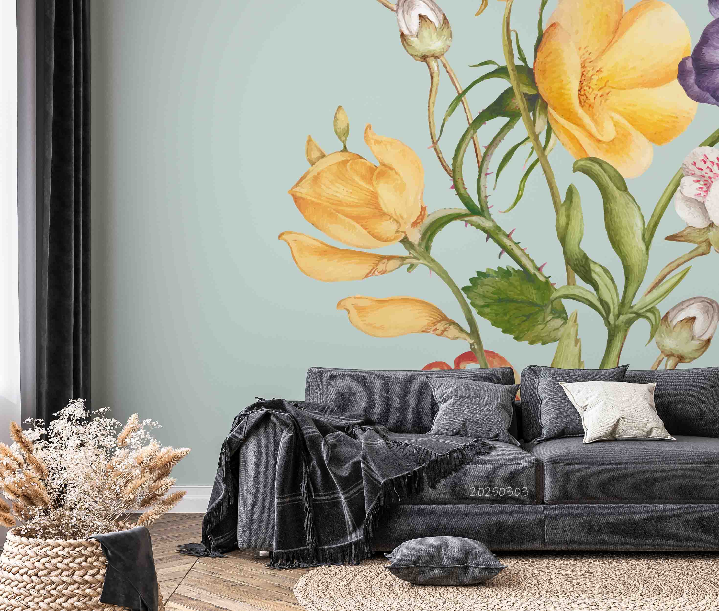 3D Hand Drawn Yellow Floral Green Leaf Wallpaper Wall Mural Wall Decor Wall Art Wall Sticker Remoable Wallpaper LQH