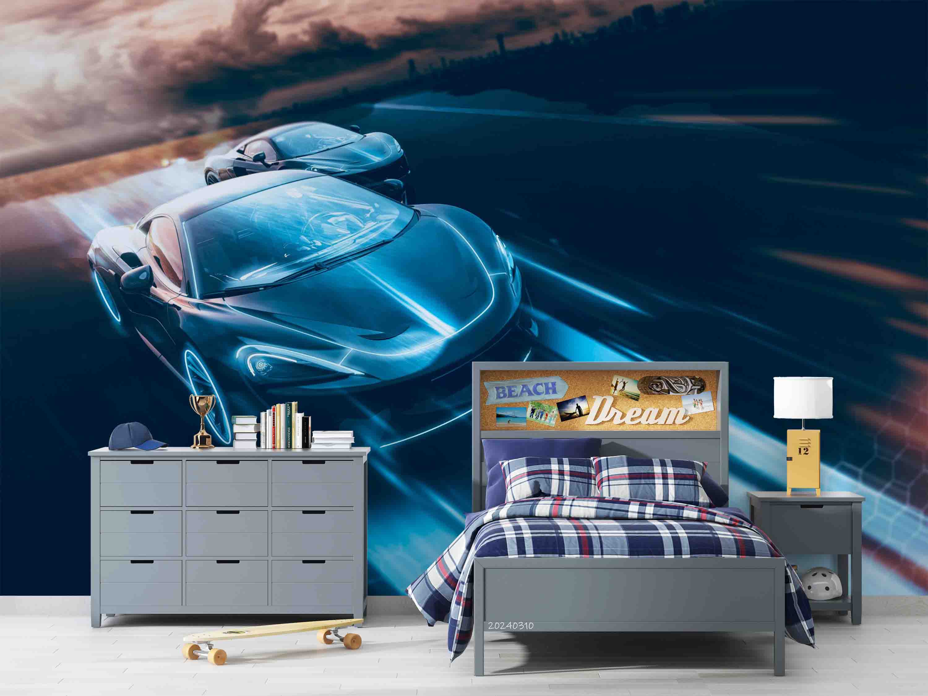 3D Blue Sports Car Wallpaper Wall Mural Wall Decor Wall Art Wall Sticker Remoable Wallpaper