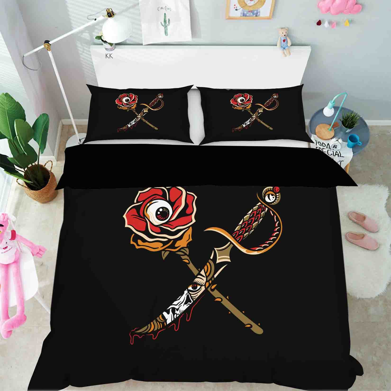 3D Floral Dagger Black Quilt Cover Set Bedding Set Duvet Cover Pillowcase 379