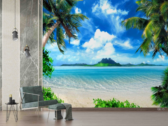 3D Tropical Sand Beach bright tropical beach landscape wall mural wallpaper for living room - view 3