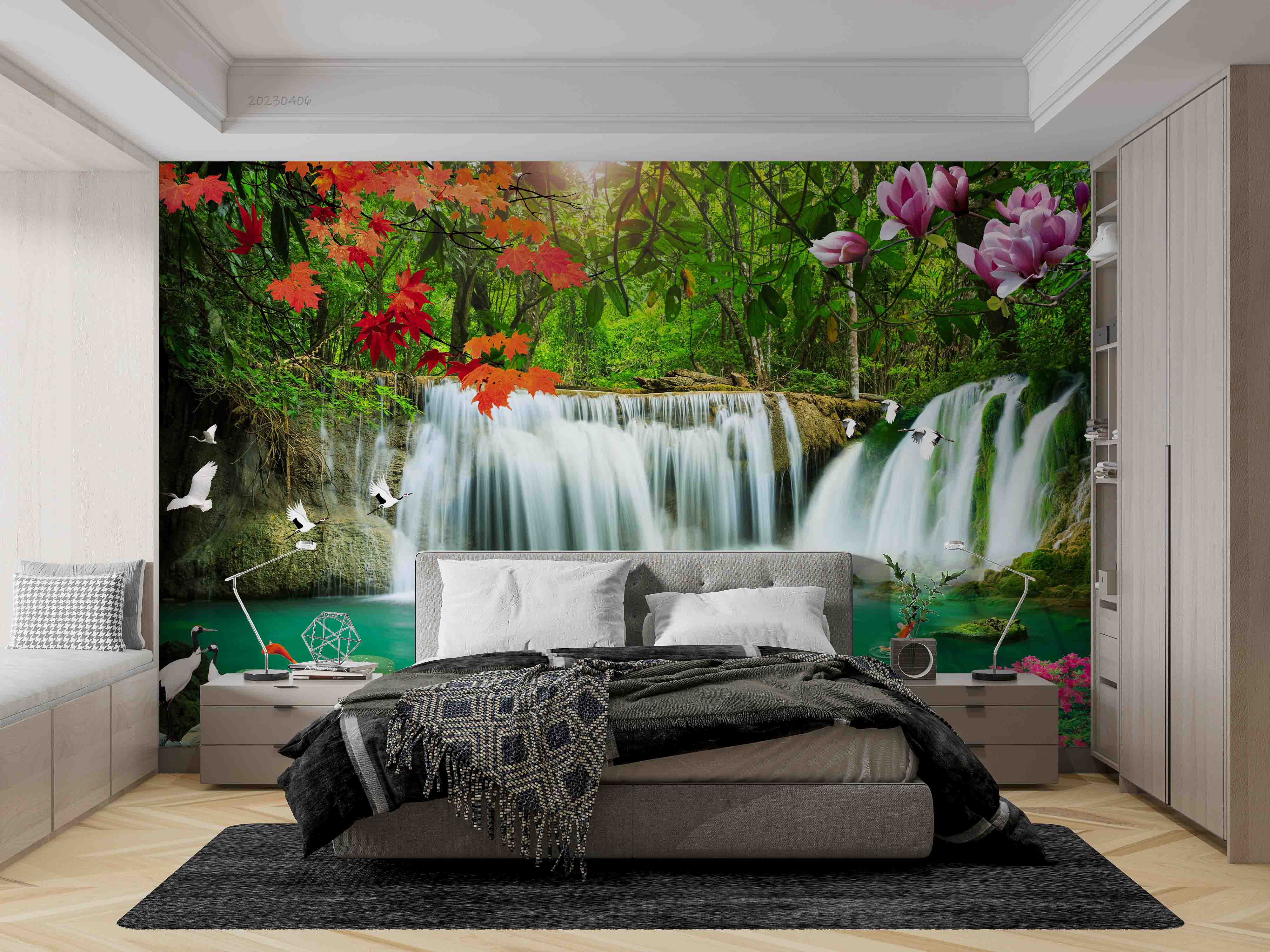 3D Waterfall Maple Leaf Magnolia Landscape Painting Wall Mural Wallpaper GD 5582- Jess Art Decoration
