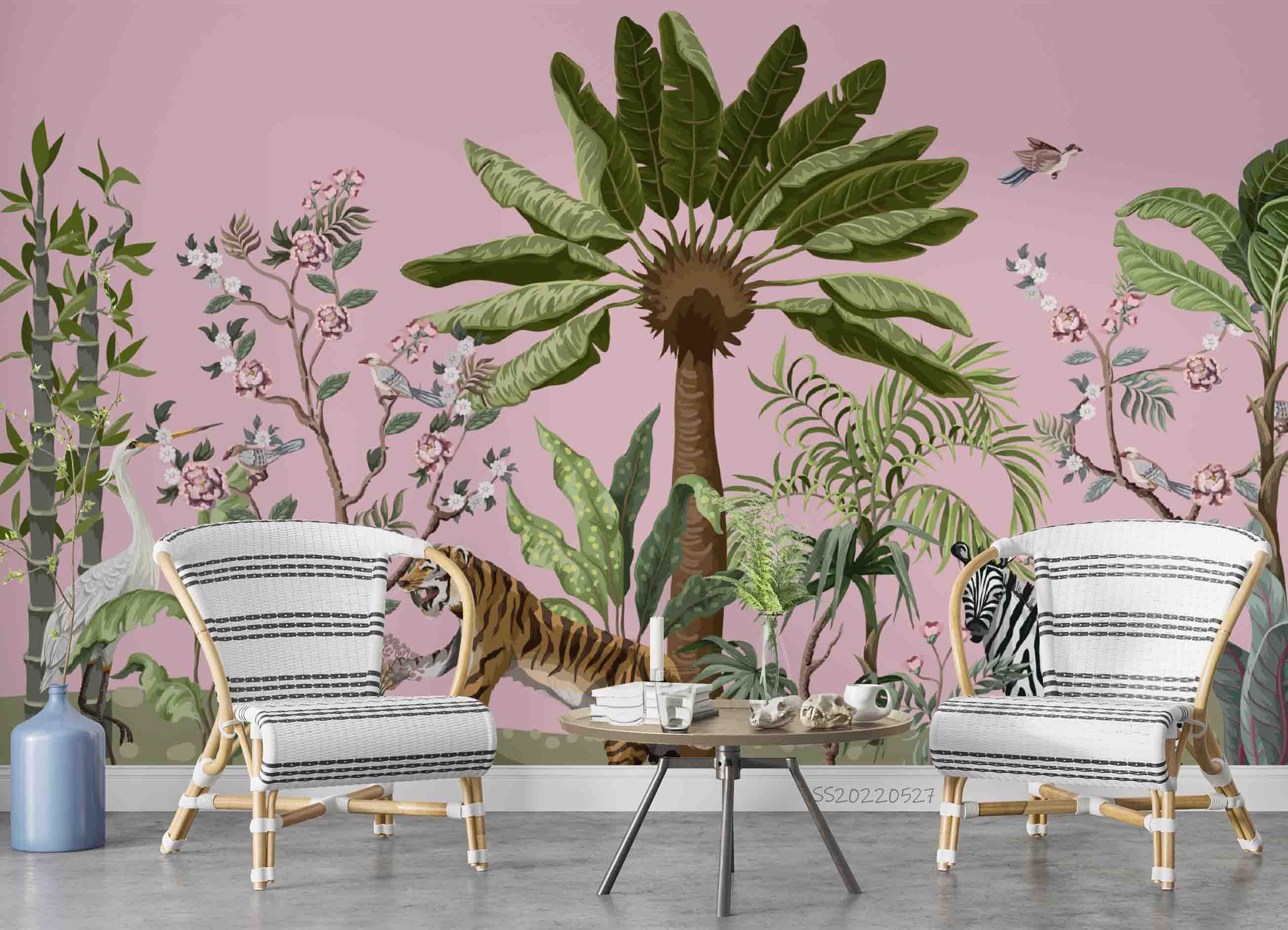 3D Tropical Jungle Tree Tiger Zebra Heron Wall Mural Wallpaper GD 4213- Jess Art Decoration