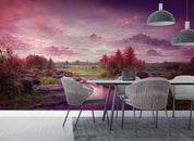 3D Sunset Green Field Pond Grass Rocks Conifer Purple Sky Wall Mural Wallpaper GD 3031- Jess Art Decoration