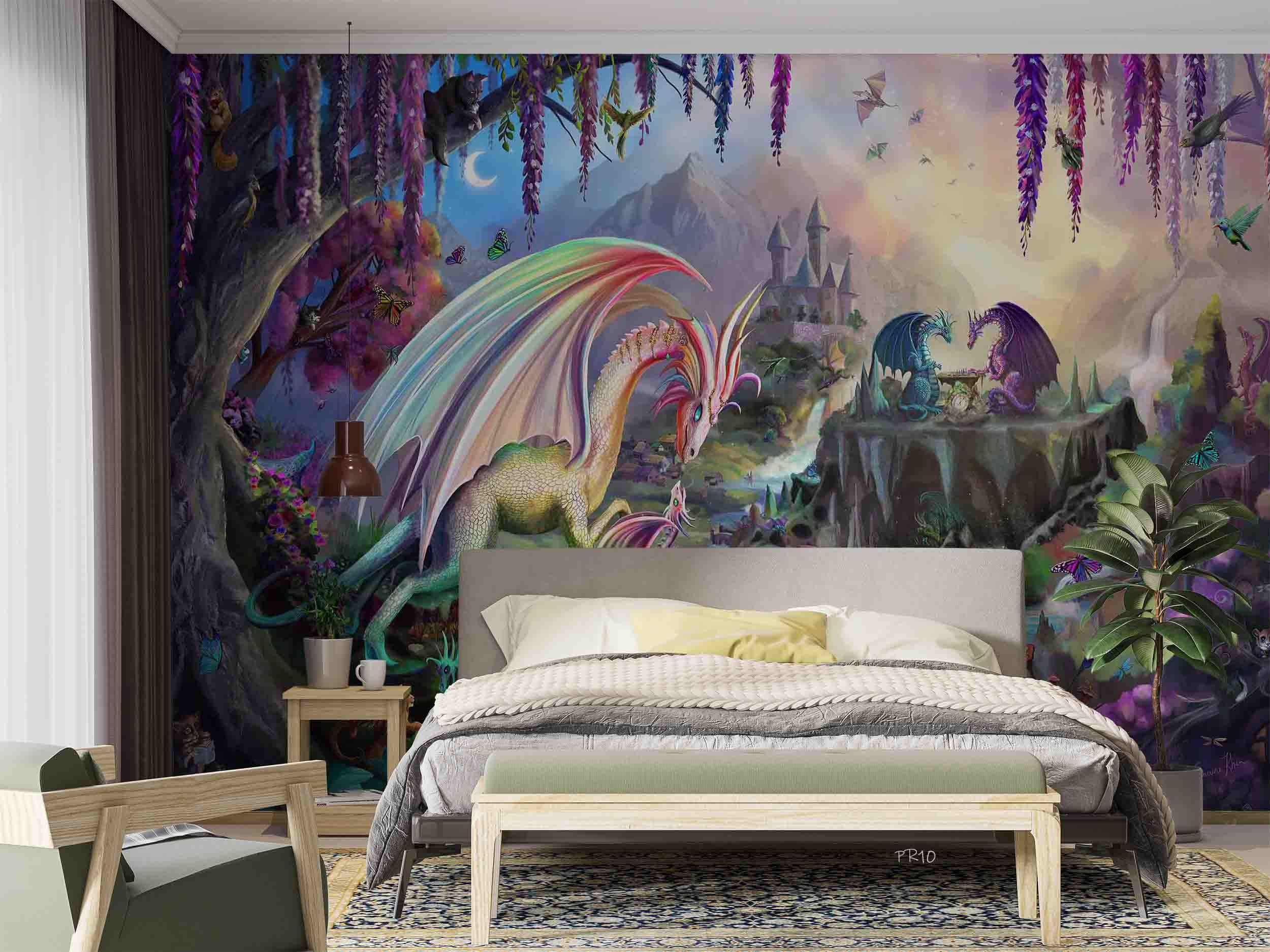 3D Fantasy Castle Plant Floral Dragon Wall Mural Wallpaper GD 4767- Jess Art Decoration