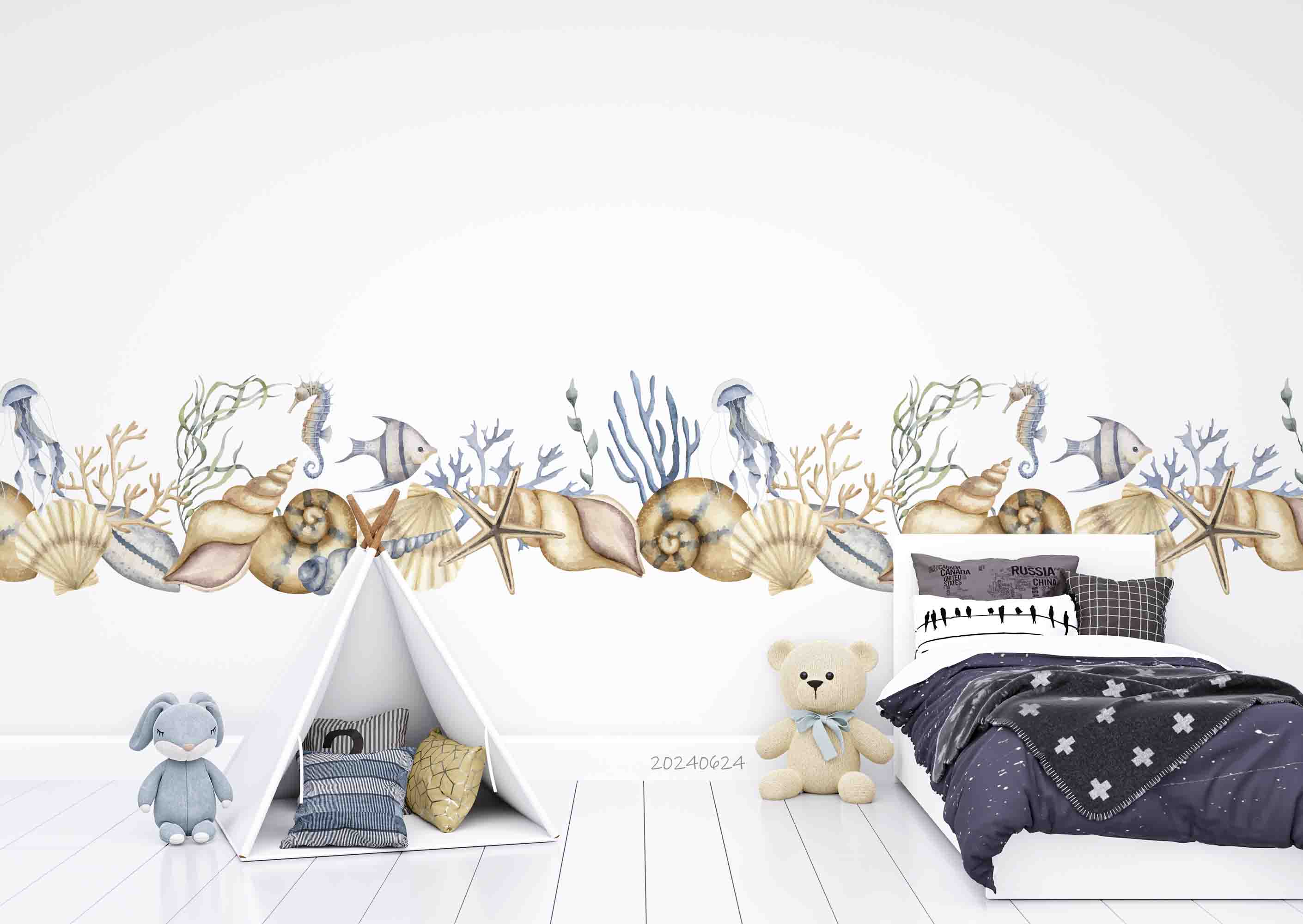 3D Conch Starfish Jellyfish Sea Horse Coral Wall Mural Wallpaper YXL 665