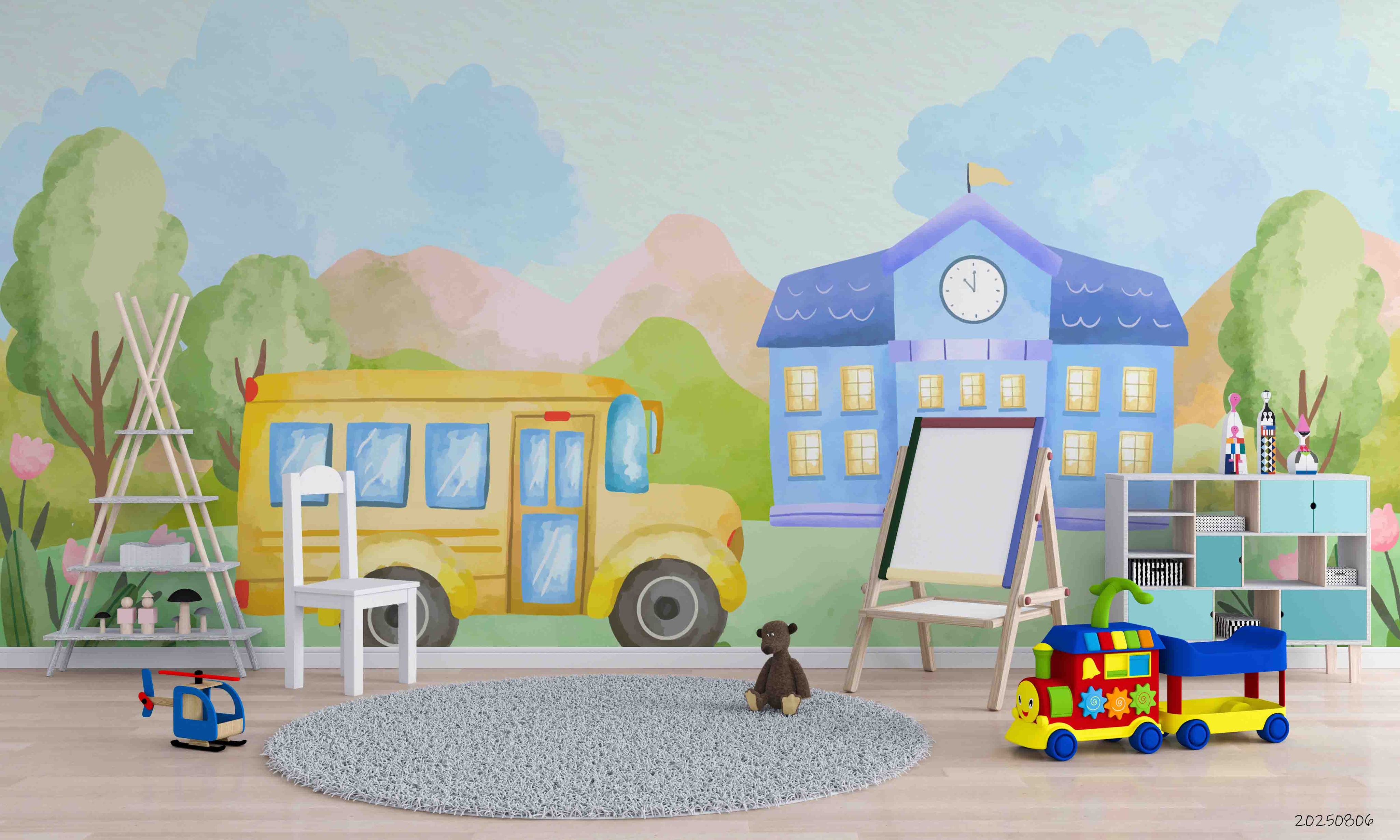 3D Childcare Nursery School Cartoon Bus School Wall Mural Wallpaper JN