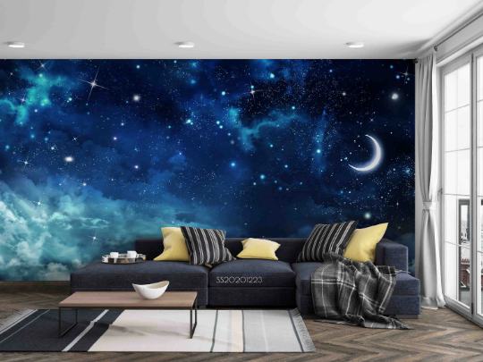 3D Moon Sky Star Cloud dreamy moon and galaxy sky wall mural wallpaper for bedroom - view 2