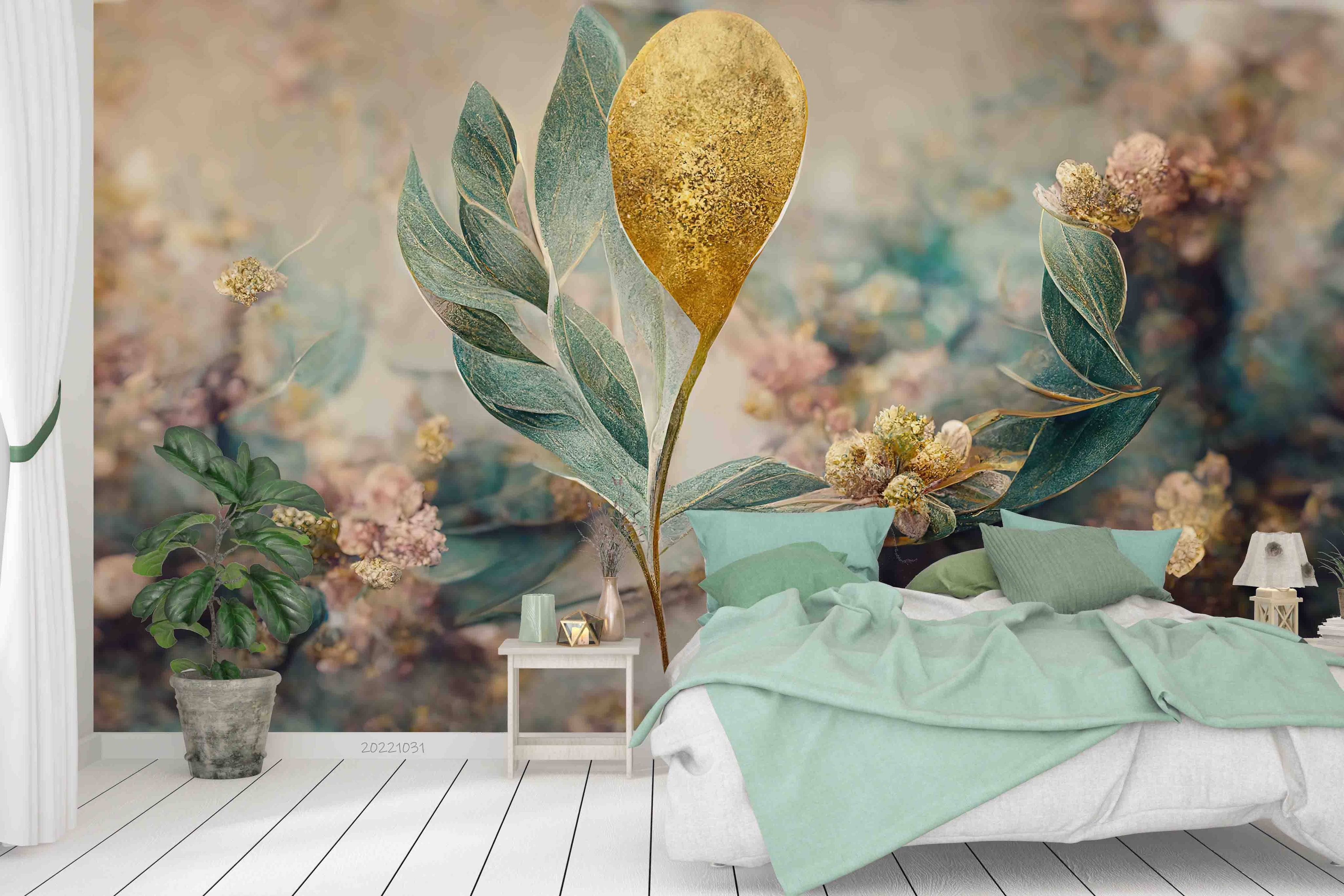 3D Elegant Branch Gold Leaf Floral Pattern Wall Mural Wallpaper GD 3097- Jess Art Decoration
