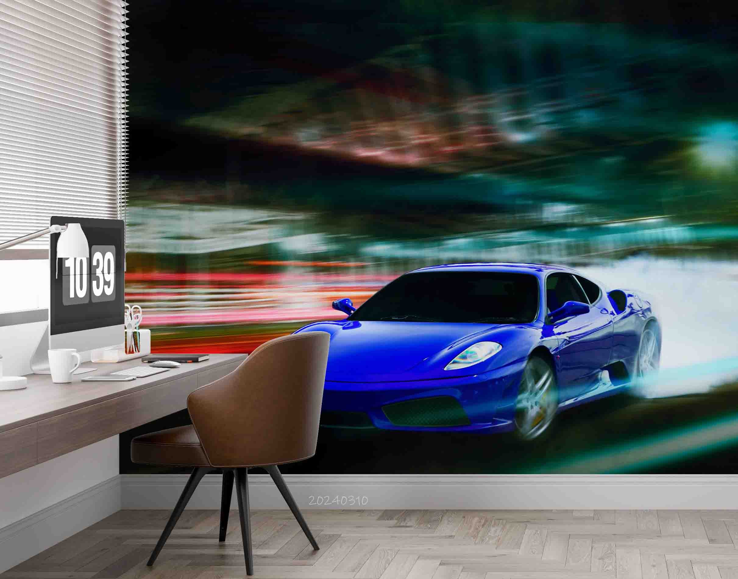 3D Blue Sports Car Wallpaper Wall Mural Wall Decor Wall Art Wall Sticker Remoable Wallpaper