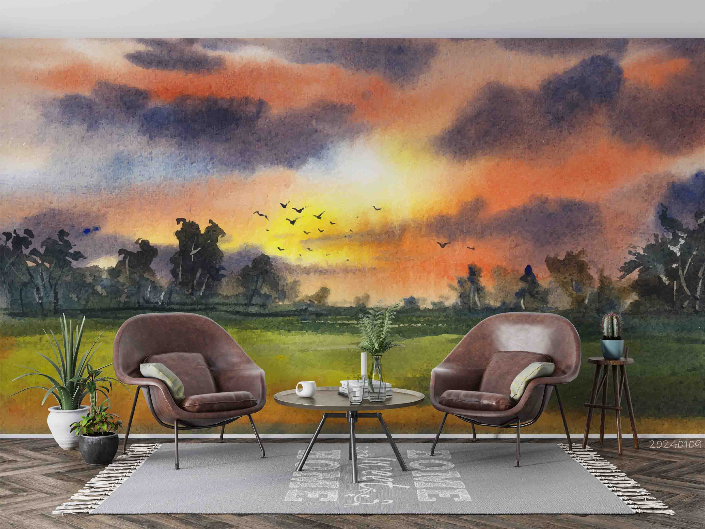 3D Oil Painting Tree Grassland Bird Sunlight Cloud Wall Mural Wallpaper YXL 121