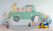 3D Childcare Nursery School Cartoon Kids Animals Car Wall Mural Wallpaper JN