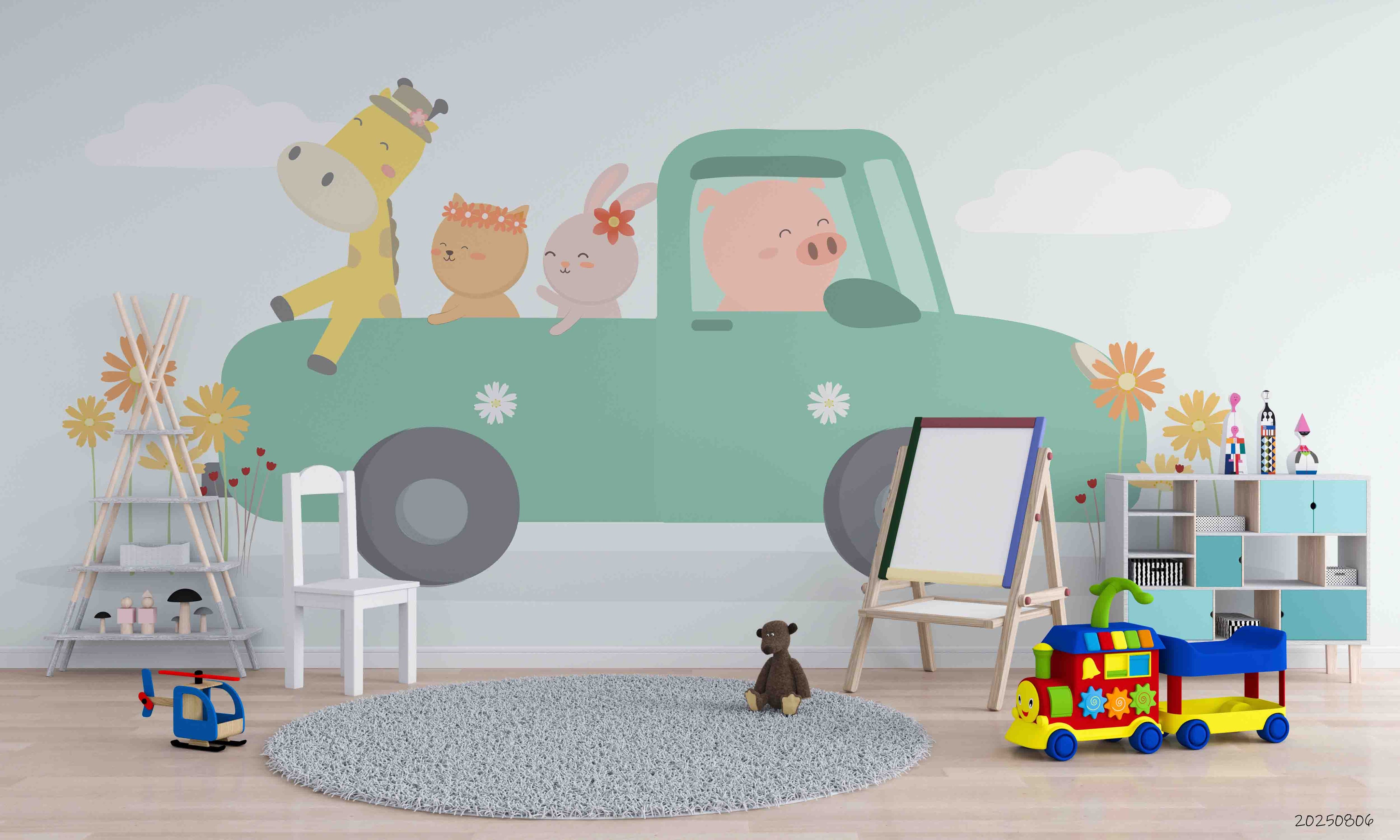 3D Childcare Nursery School Cartoon Kids Animals Car Wall Mural Wallpaper JN
