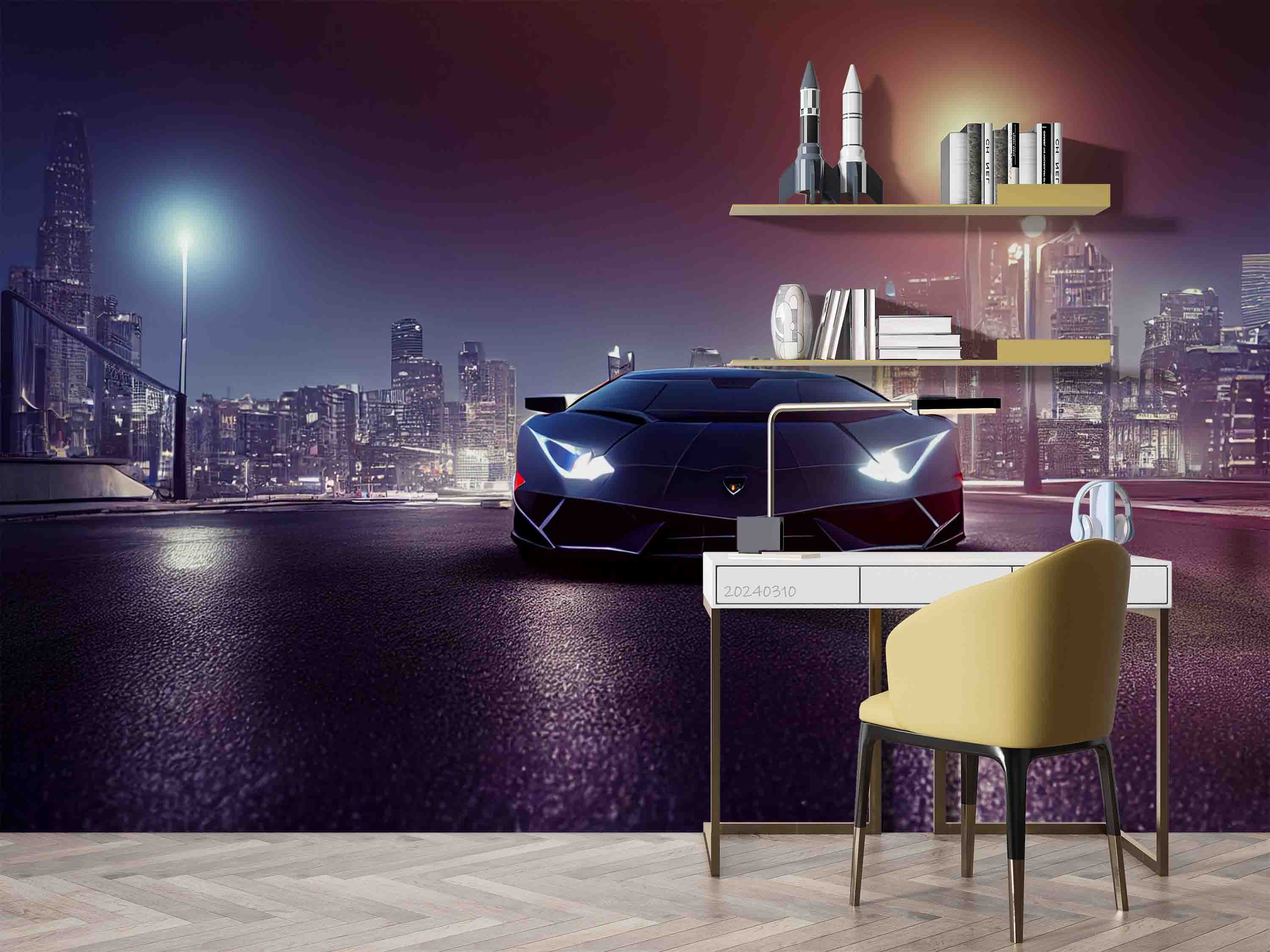 3D Black Sports Car City Night Scene Wallpaper Wall Mural Wall Decor Wall Art Wall Sticker Remoable Wallpaper