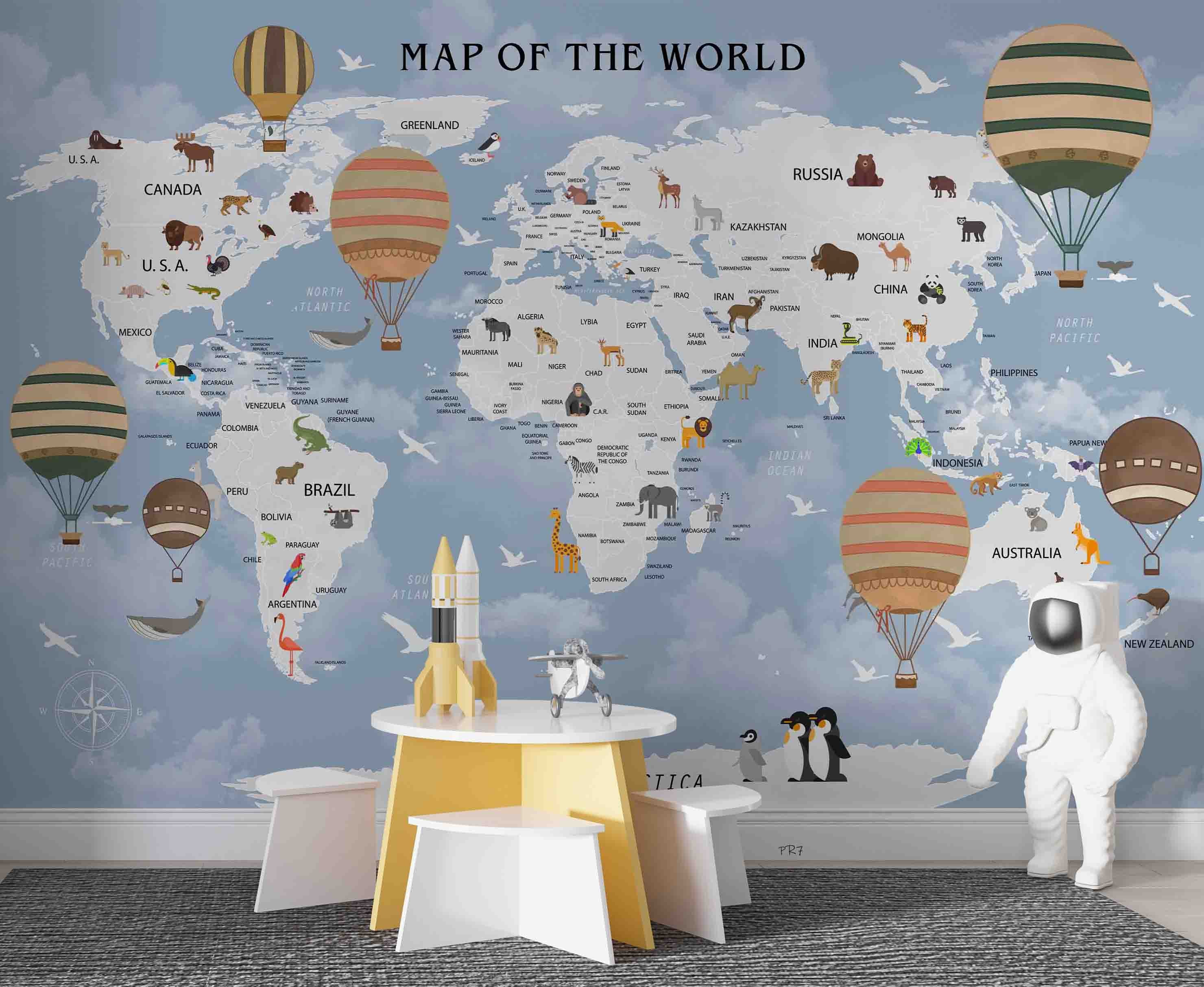 3D Cartoon World Map Animal Hot Air Balloon Wall Mural Wallpaper GD 4467- Jess Art Decoration