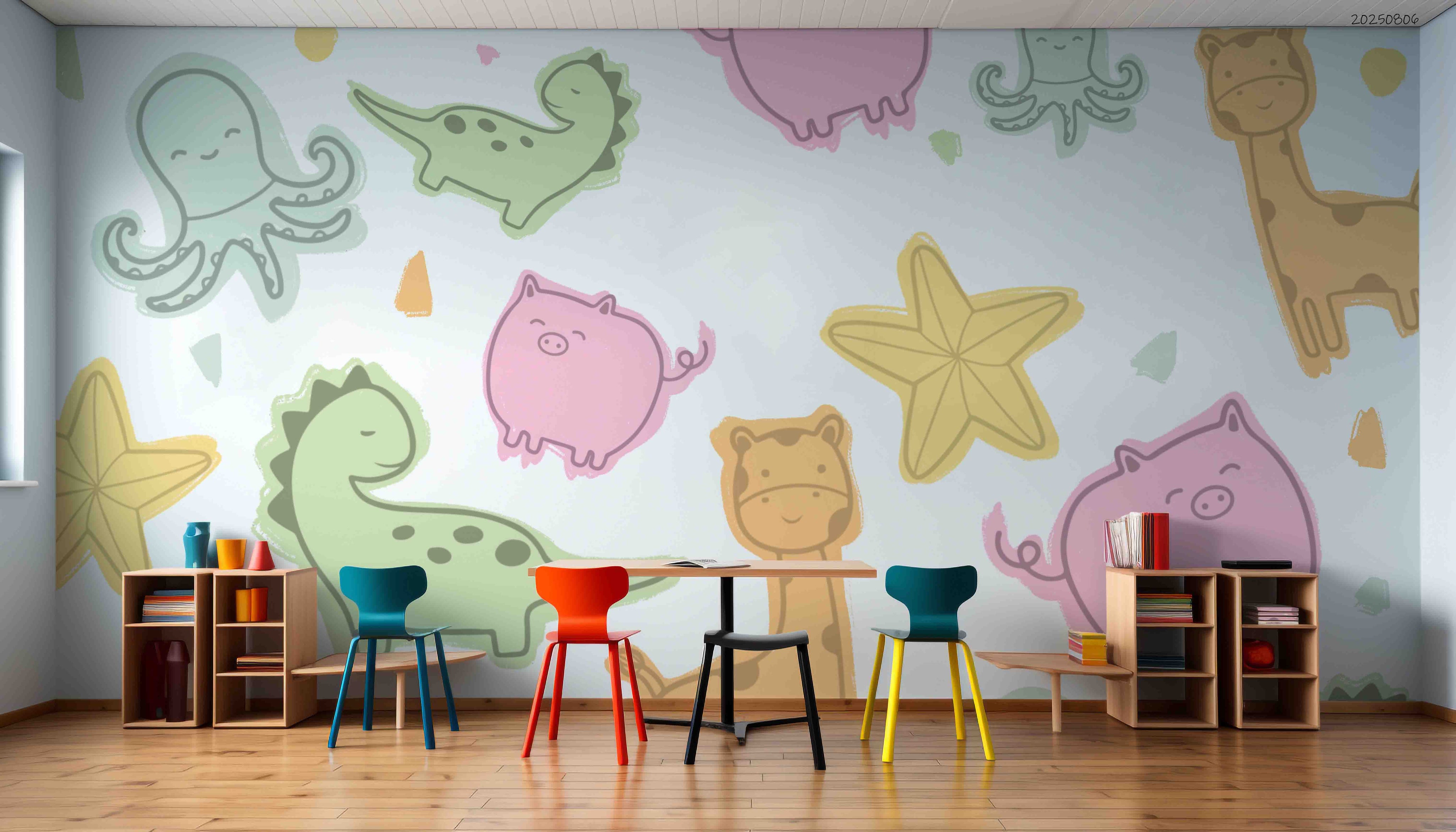 3D Childcare Nursery School Cartoon Animals Kids Wall Mural Wallpaper JN 23