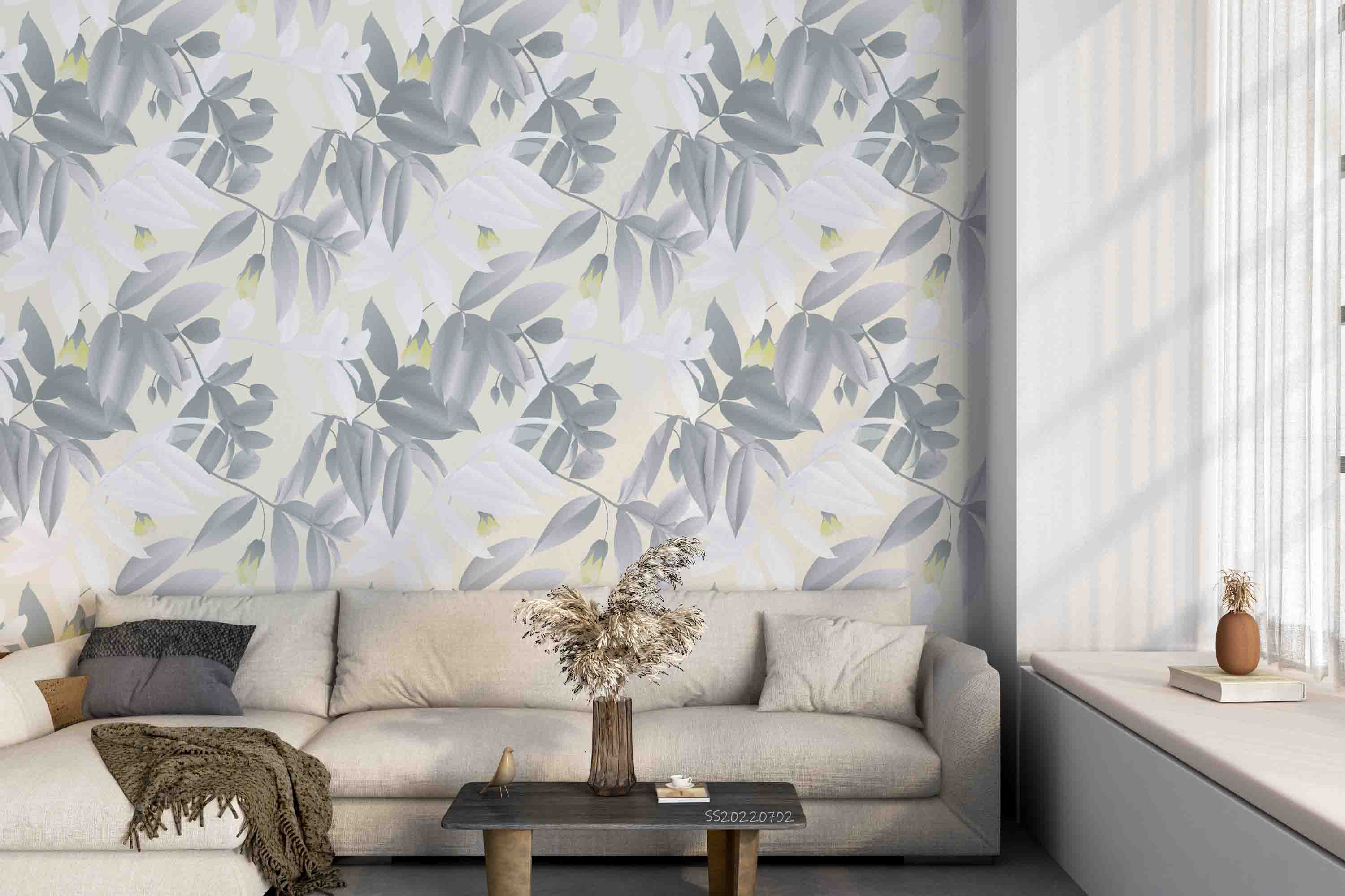 3D Green White Leaves Yellow Floral Light Yellow Background Wall Mural Wallpaper GD 5141- Jess Art Decoration