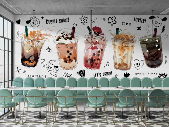 Milk Tea Letter Pearl Wallpaper cafe & food wall mural for cafe, restaurant or shop interior