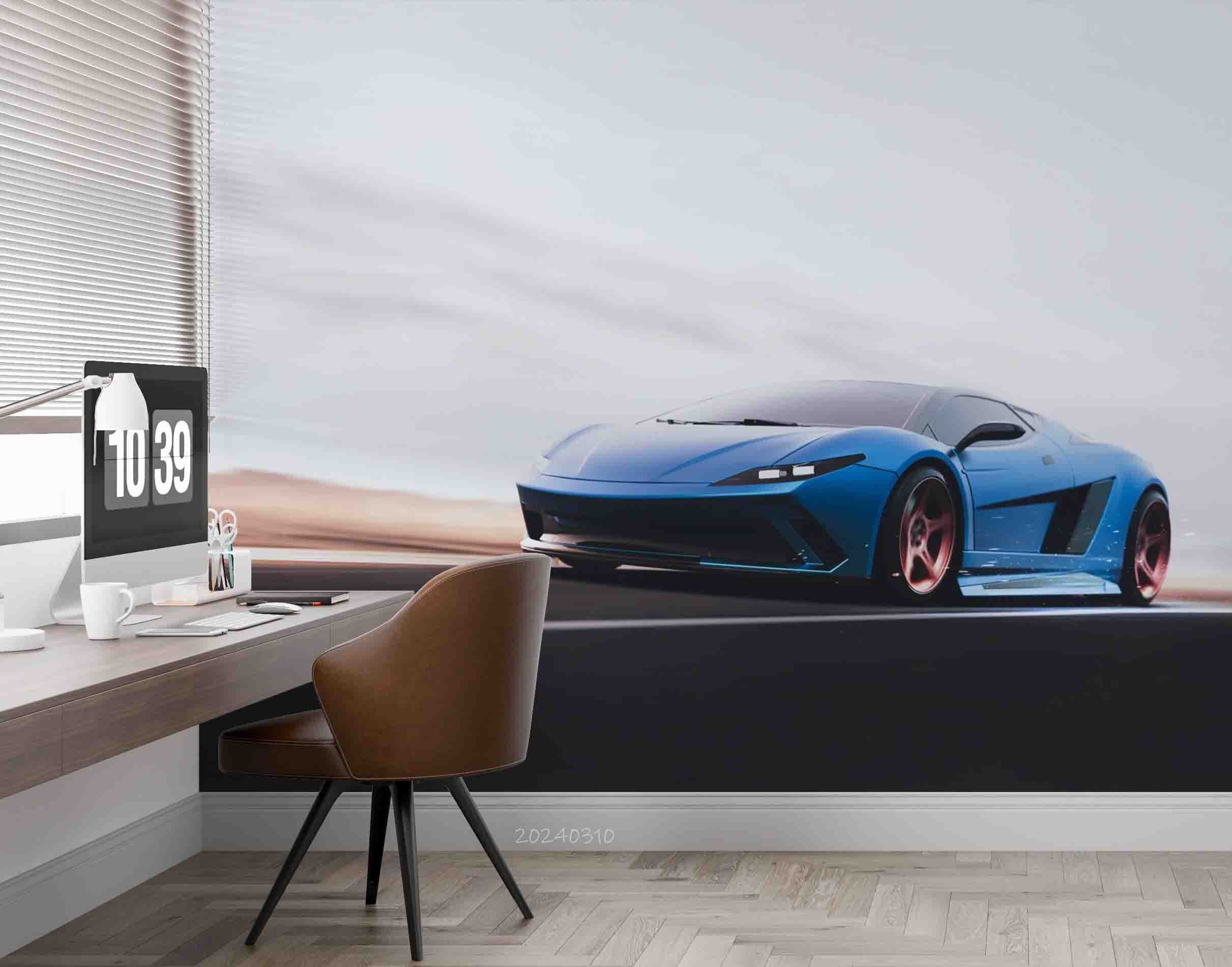 3D Blue Sports Car Wallpaper Wall Mural Wall Decor Wall Art Wall Sticker Remoable Wallpaper